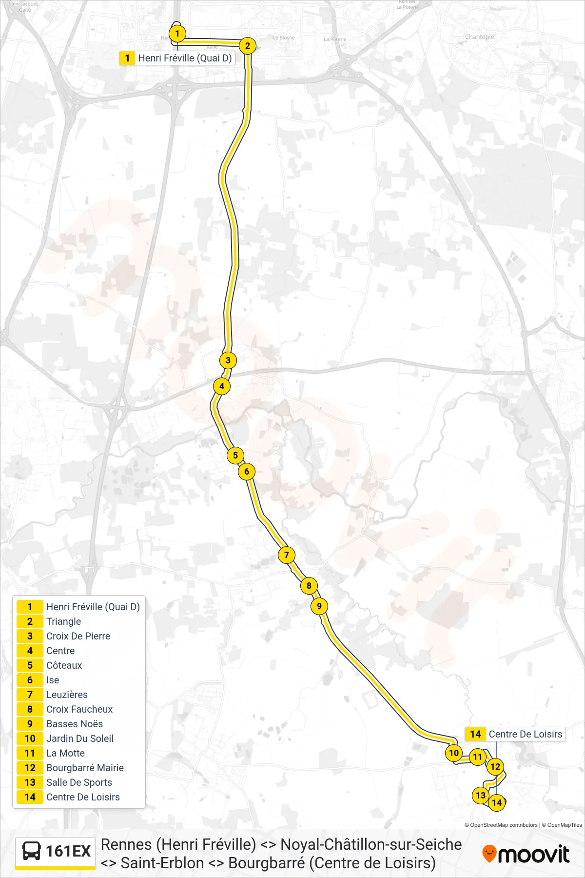 Recorrido y paradas de la línea 161EX de autobús (Noyal-Châtillon Saint-Erblon Bourgbarré) en el mapa
