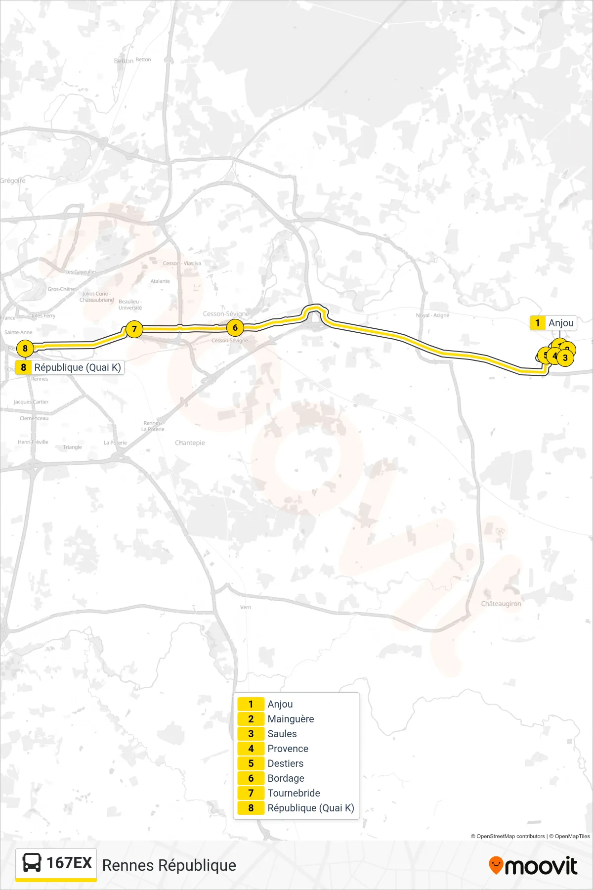 Tracé et arrêts de la ligne 167EX de bus (Rennes République) sur une carte