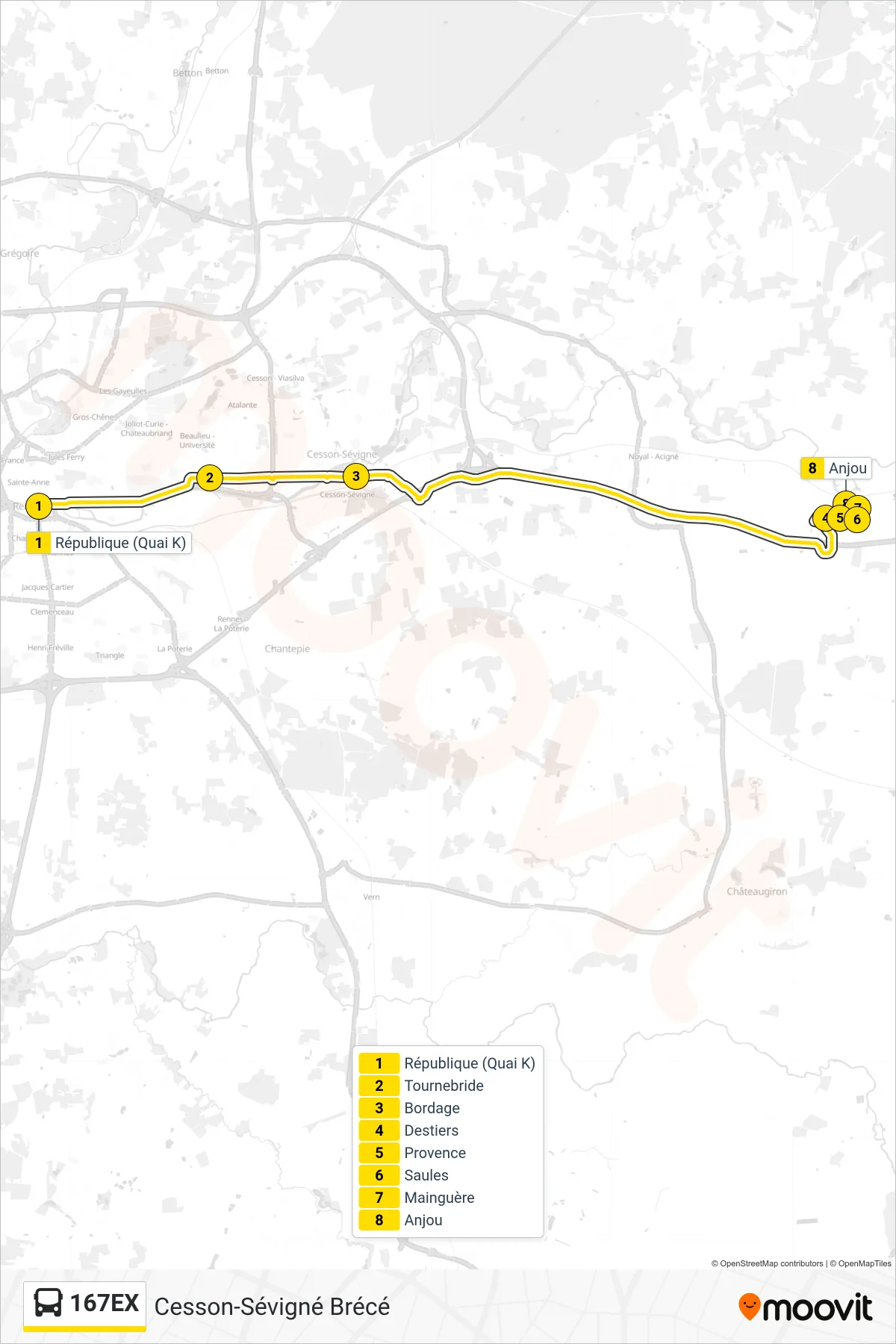 167EX bus Line (Cesson-Sévigné Brécé) route and stops on a map