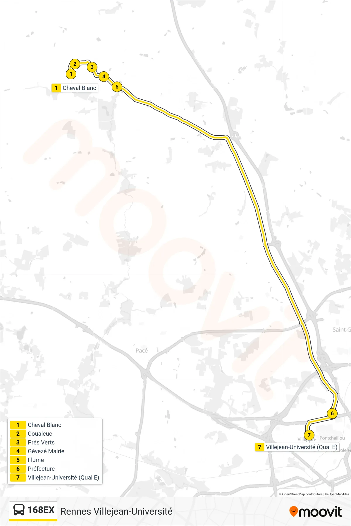 Recorrido y paradas de la línea 168EX de autobús (Rennes Villejean-Université) en el mapa