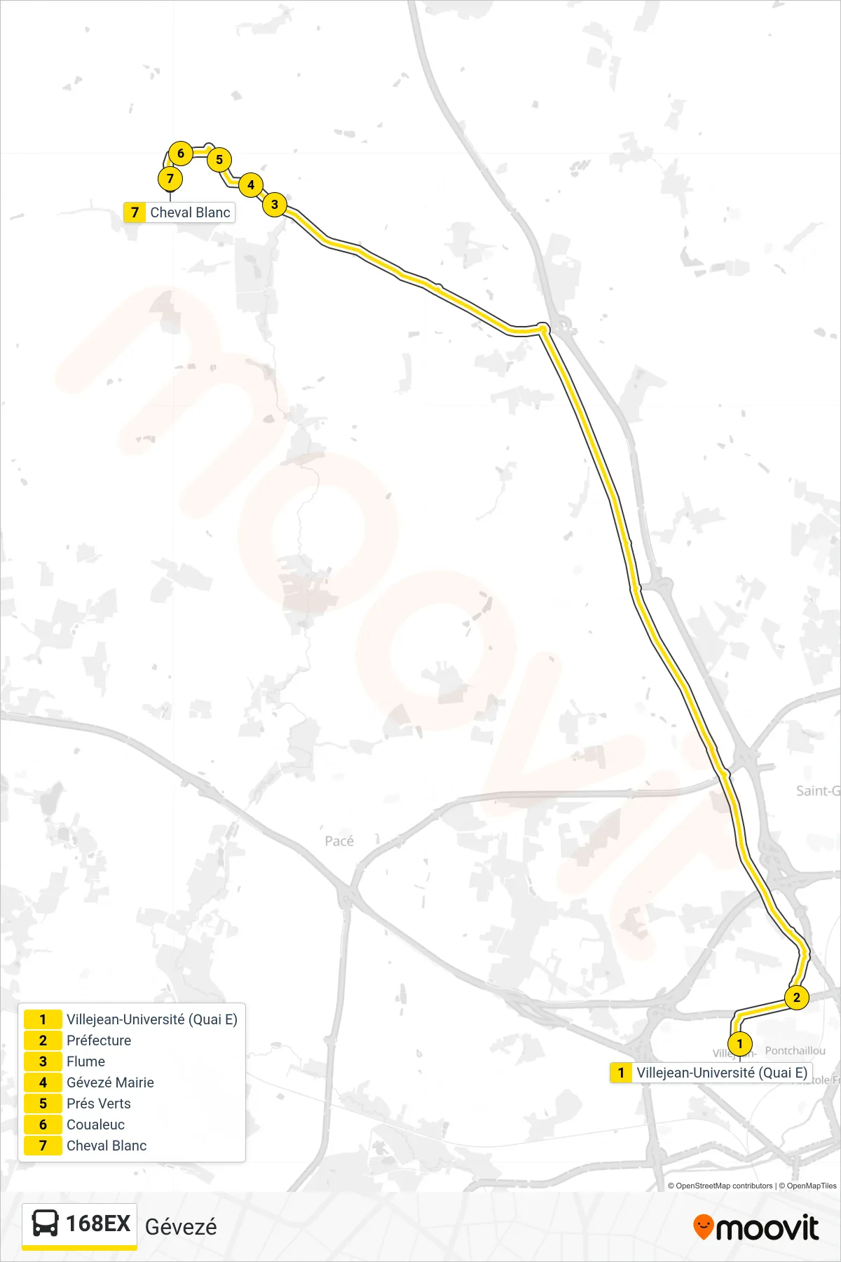 Tracé et arrêts de la ligne 168EX de bus (Gévezé) sur une carte