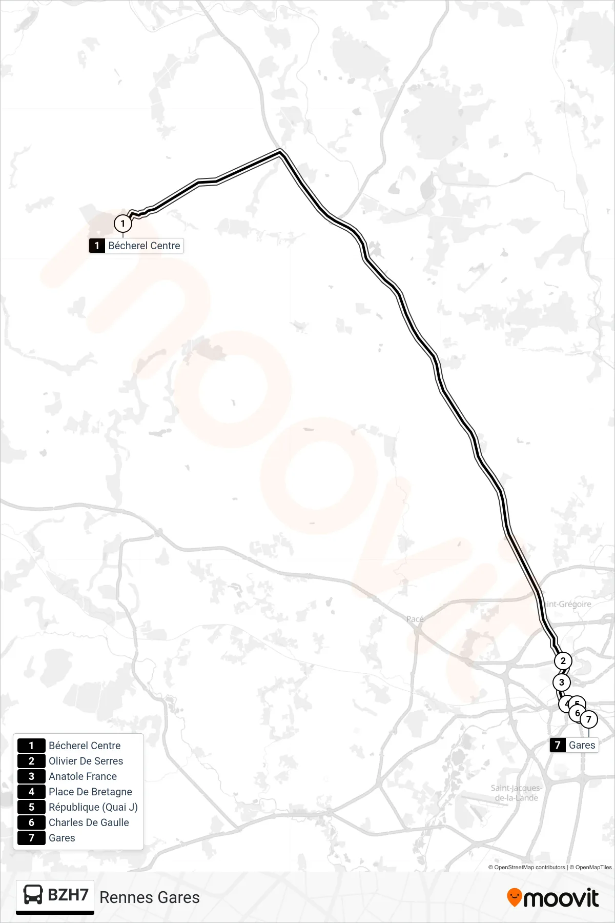 BZH7 bus Line (Rennes Gares) route and stops on a map
