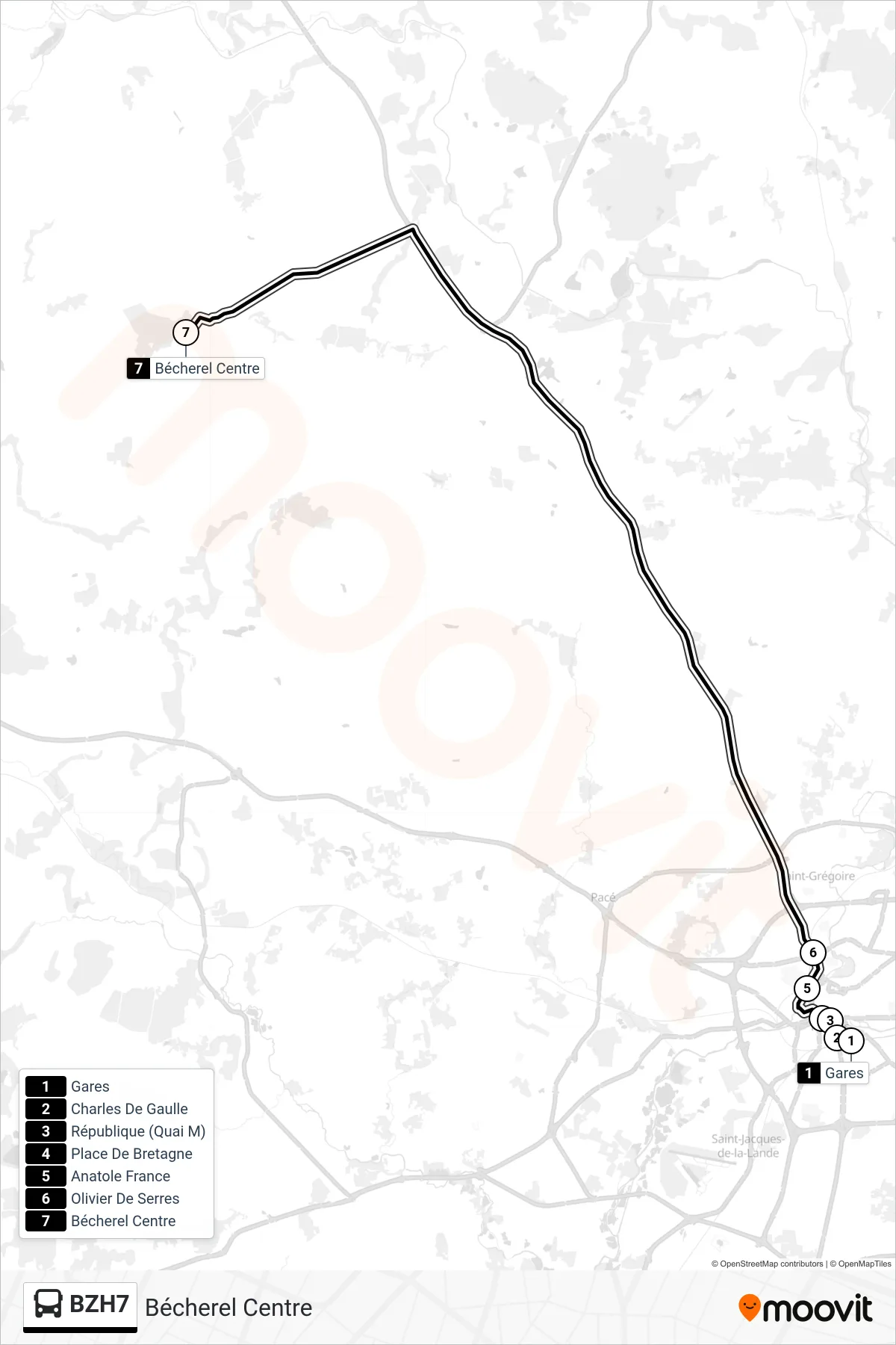 BZH7 bus Line (Bécherel Centre) route and stops on a map