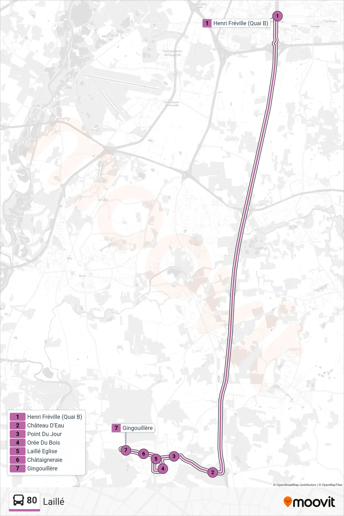 Tracé et arrêts de la ligne 80 de bus (Laillé) sur une carte