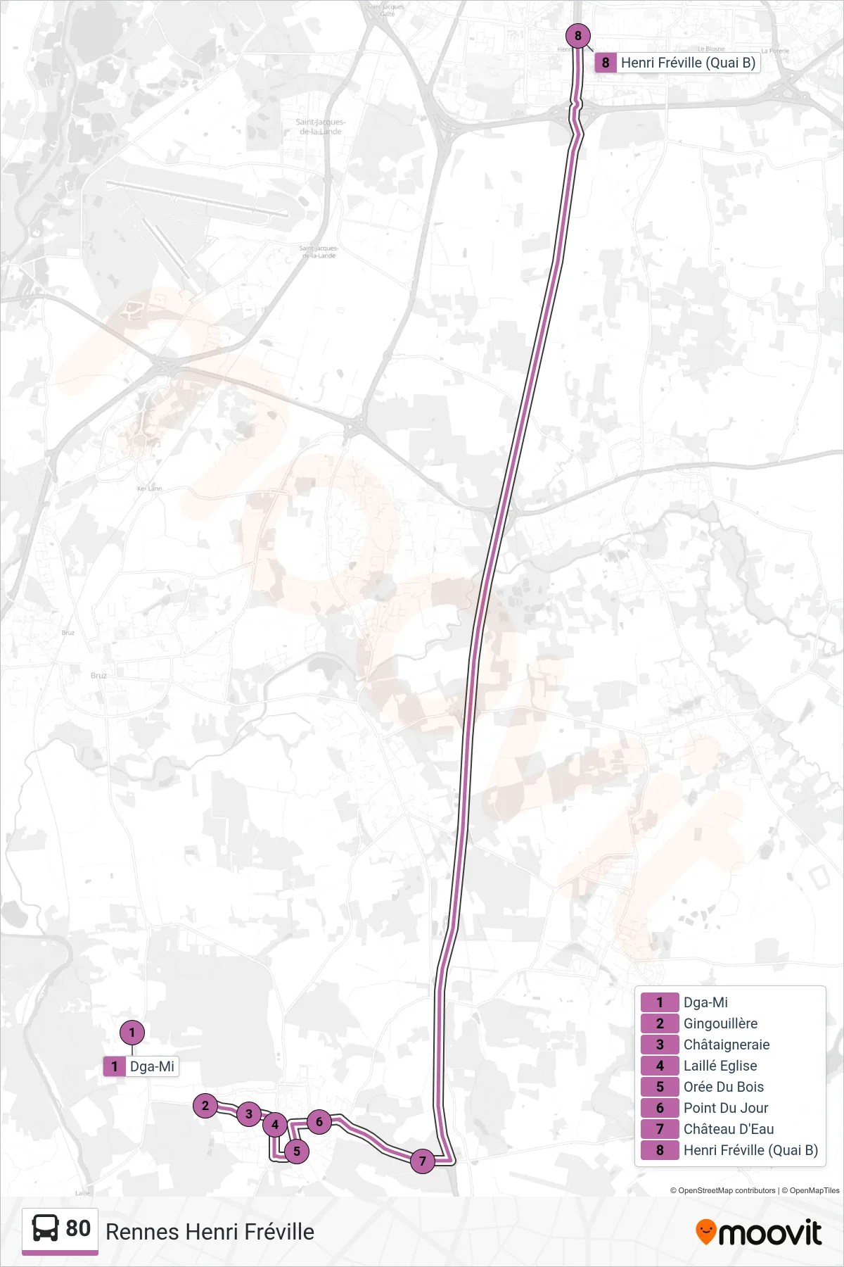 Tracé et arrêts de la ligne 80 de bus (Rennes Henri Fréville) sur une carte