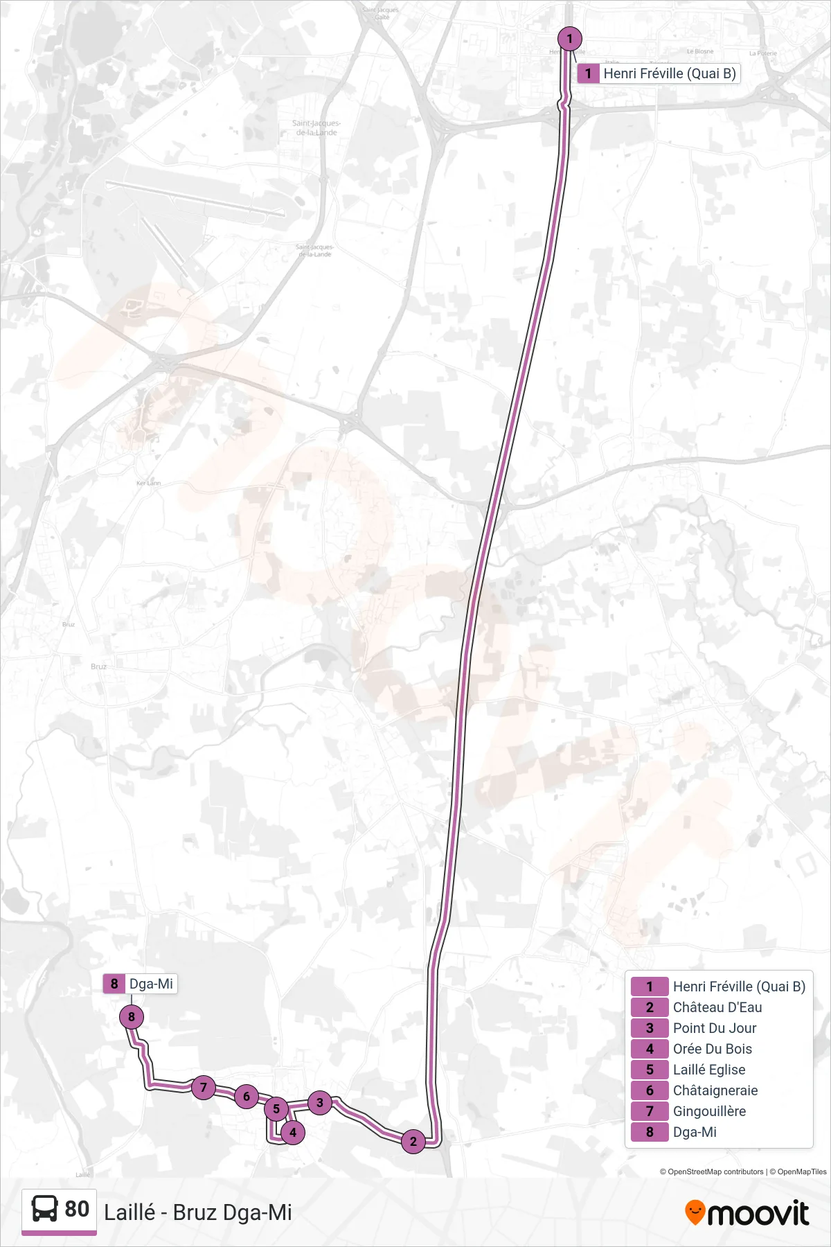 Tracé et arrêts de la ligne 80 de bus (Laillé - Bruz Dga-Mi) sur une carte