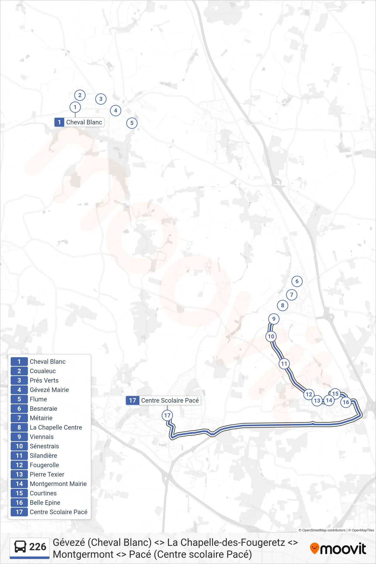 Tracé et arrêts de la ligne 226 de bus (Pacé) sur une carte