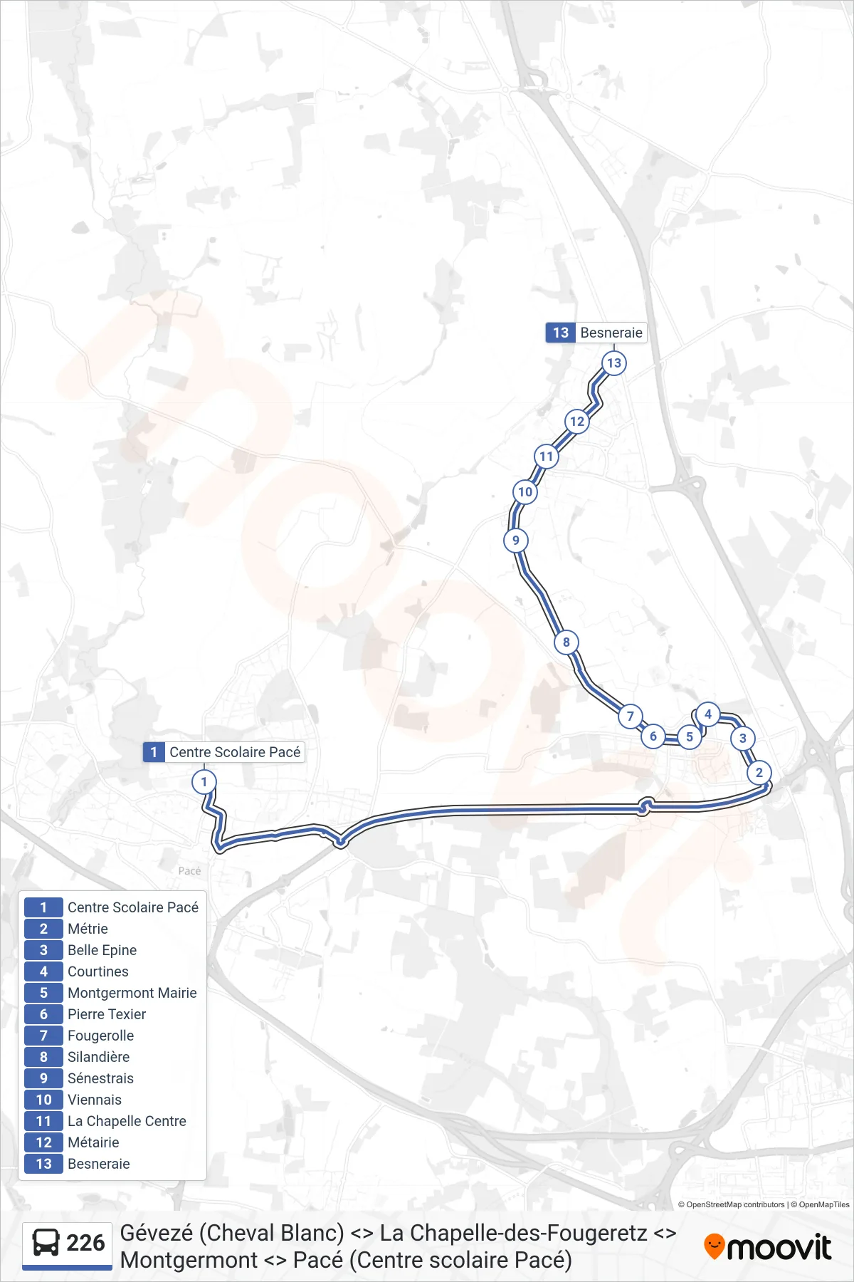 Tracé et arrêts de la ligne 226 de bus (Montgermont - La Chapelle-Des-Fougeretz) sur une carte