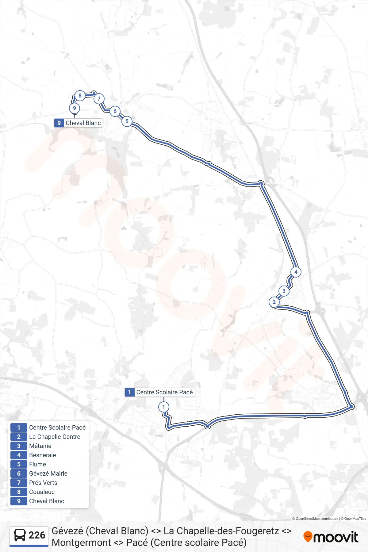 Tracé et arrêts de la ligne 226 de bus (La Chapelle-Des-Fougeretz - Gévezé) sur une carte