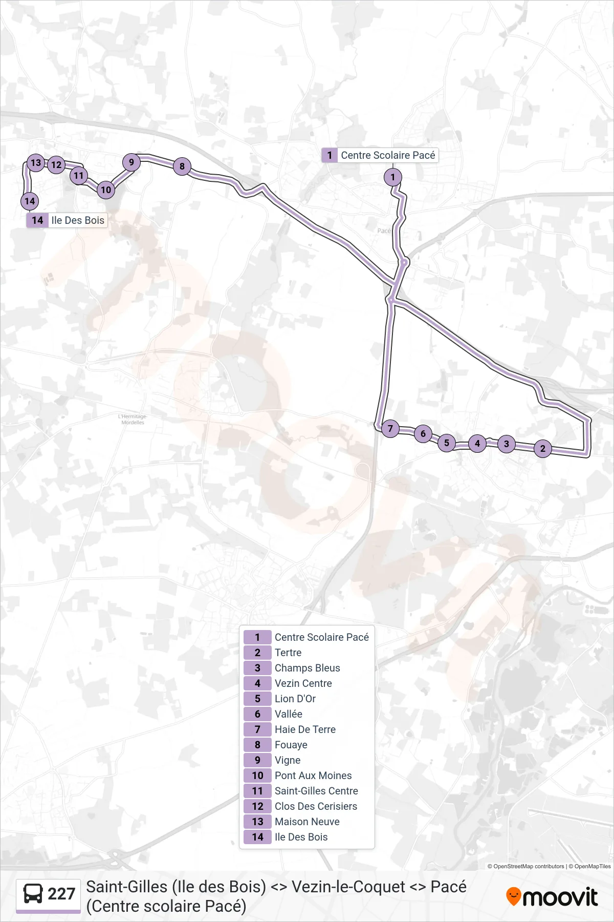 Tracé et arrêts de la ligne 227 de bus (Saint-Gilles) sur une carte