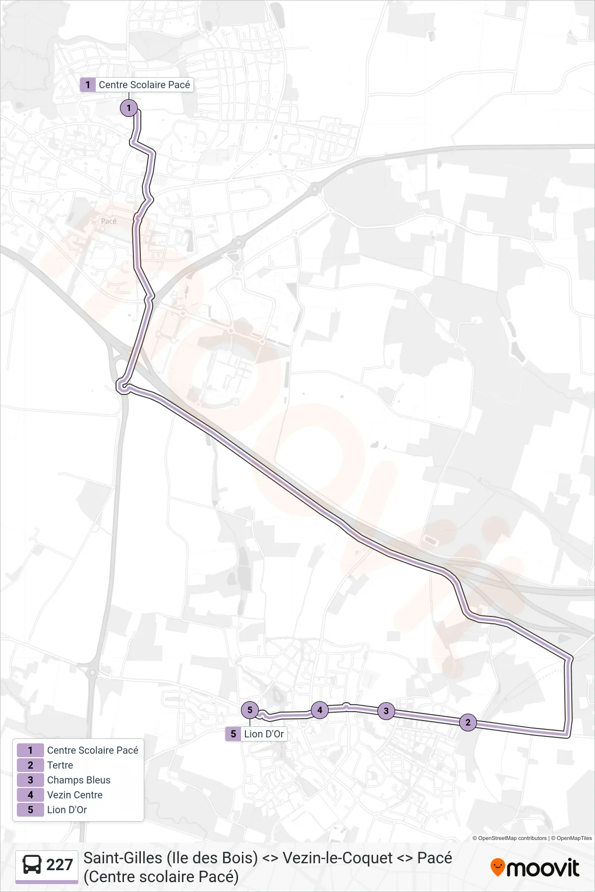 Tracé et arrêts de la ligne 227 de bus (Vezin-Le-Coquet) sur une carte