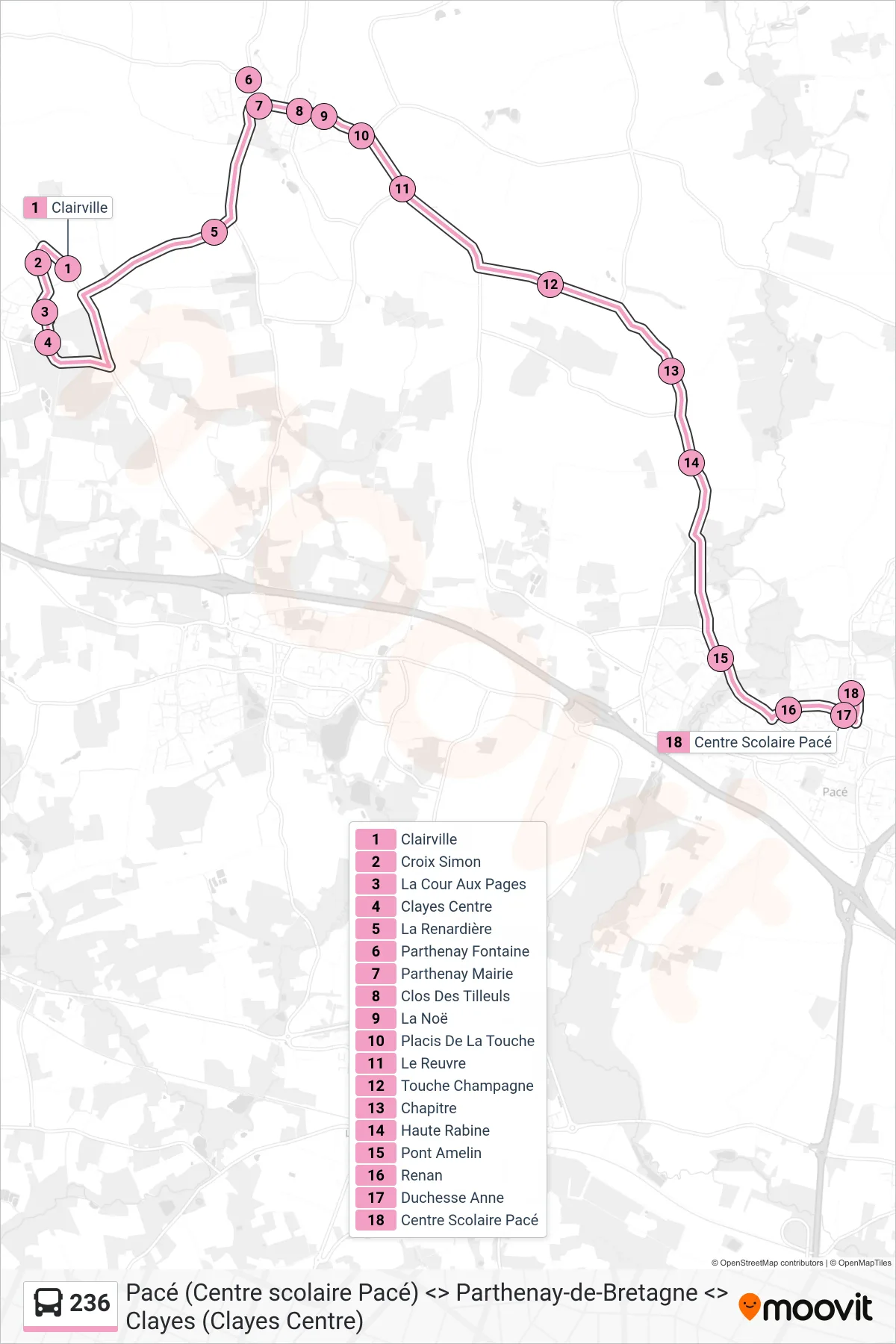 Tracé et arrêts de la ligne 236 de bus (Pacé) sur une carte