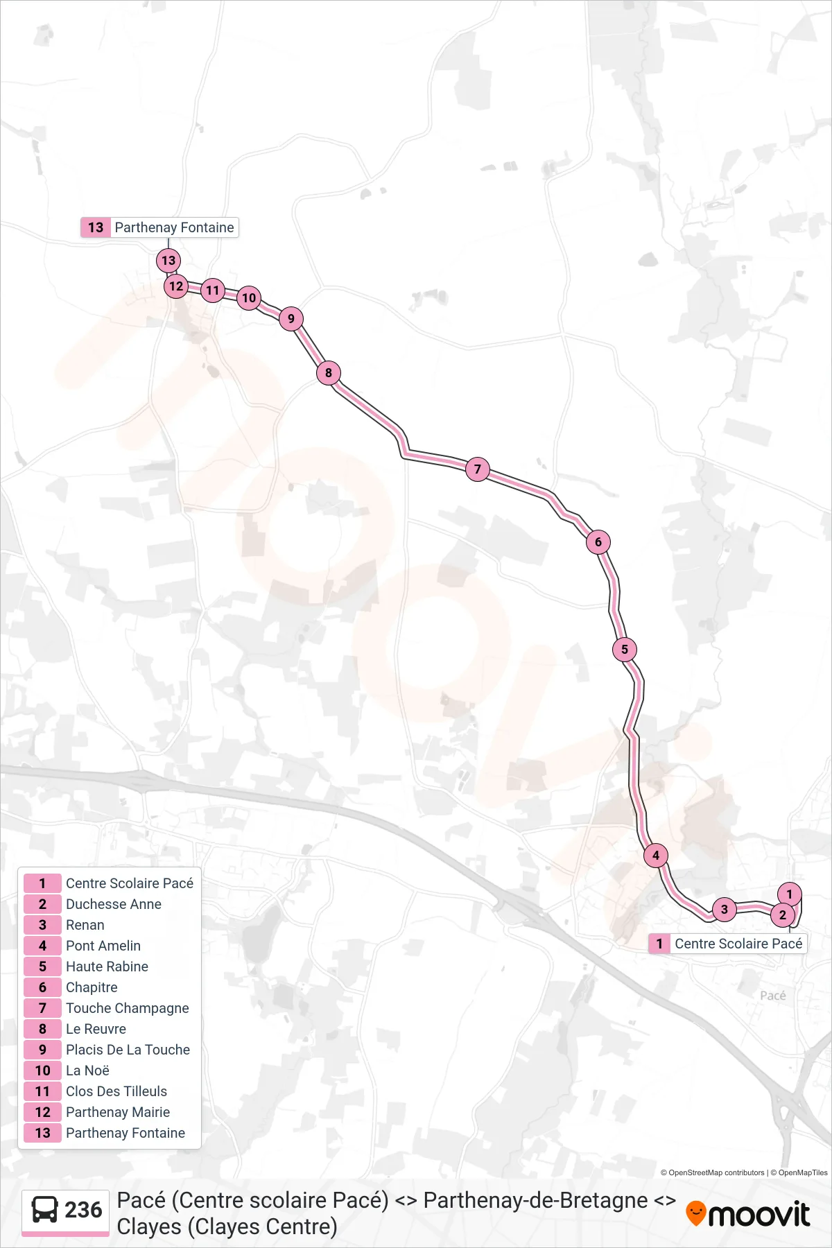 Tracé et arrêts de la ligne 236 de bus (Parthenay-De-Bretagne) sur une carte