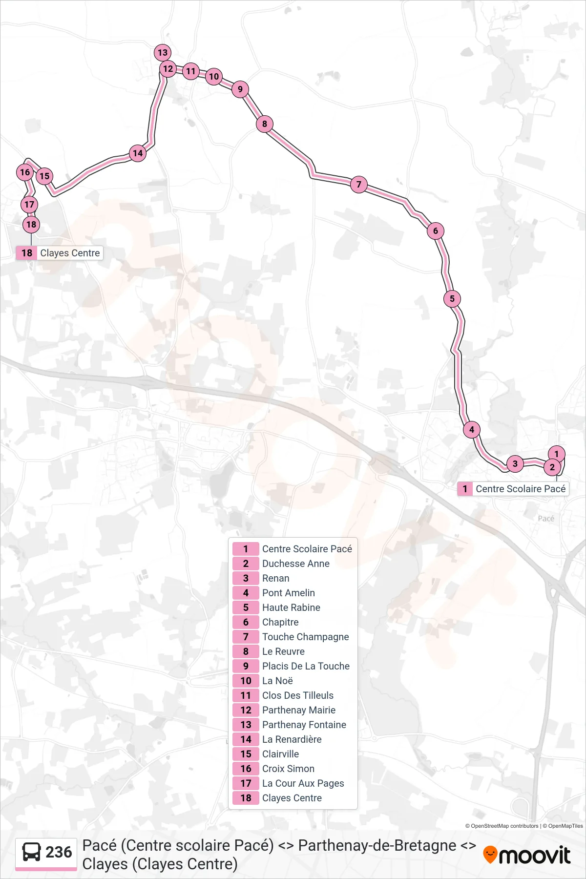 Tracé et arrêts de la ligne 236 de bus (Parthenay-De-Bretagne - Clayes) sur une carte