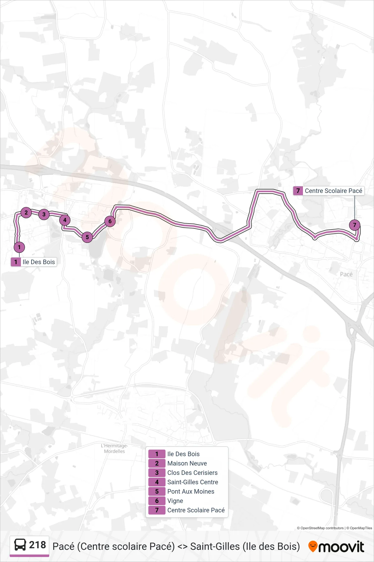 Tracé et arrêts de la ligne 218 de bus (Pacé) sur une carte