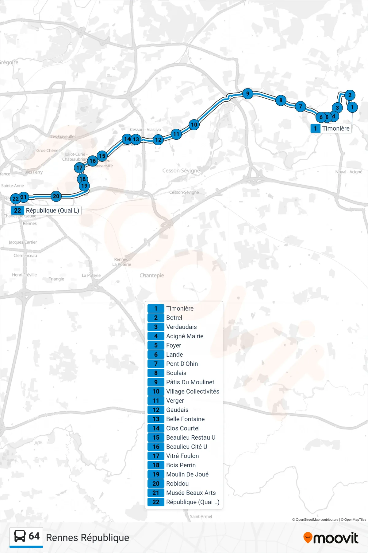 Tracé et arrêts de la ligne 64 de bus (Rennes République) sur une carte