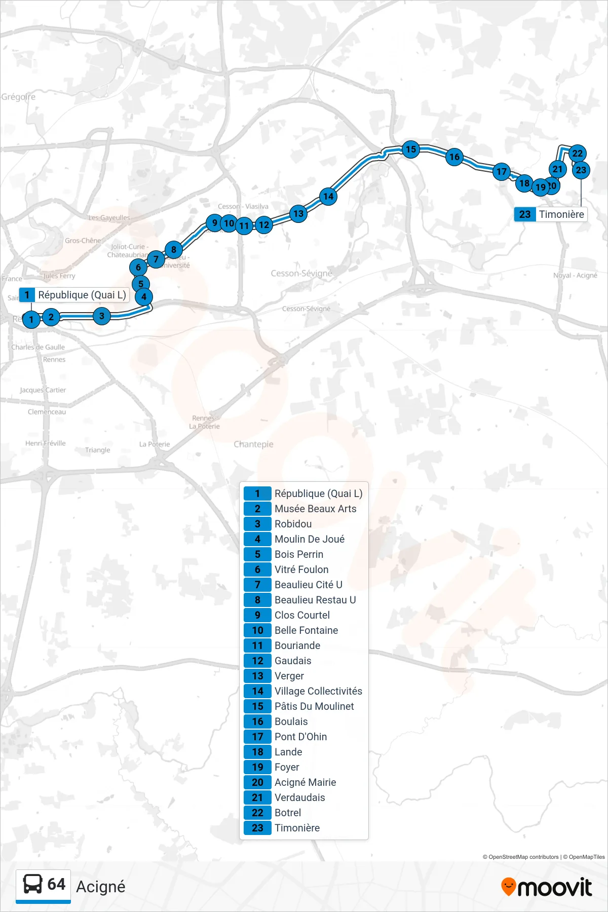 Tracé et arrêts de la ligne 64 de bus (Acigné) sur une carte