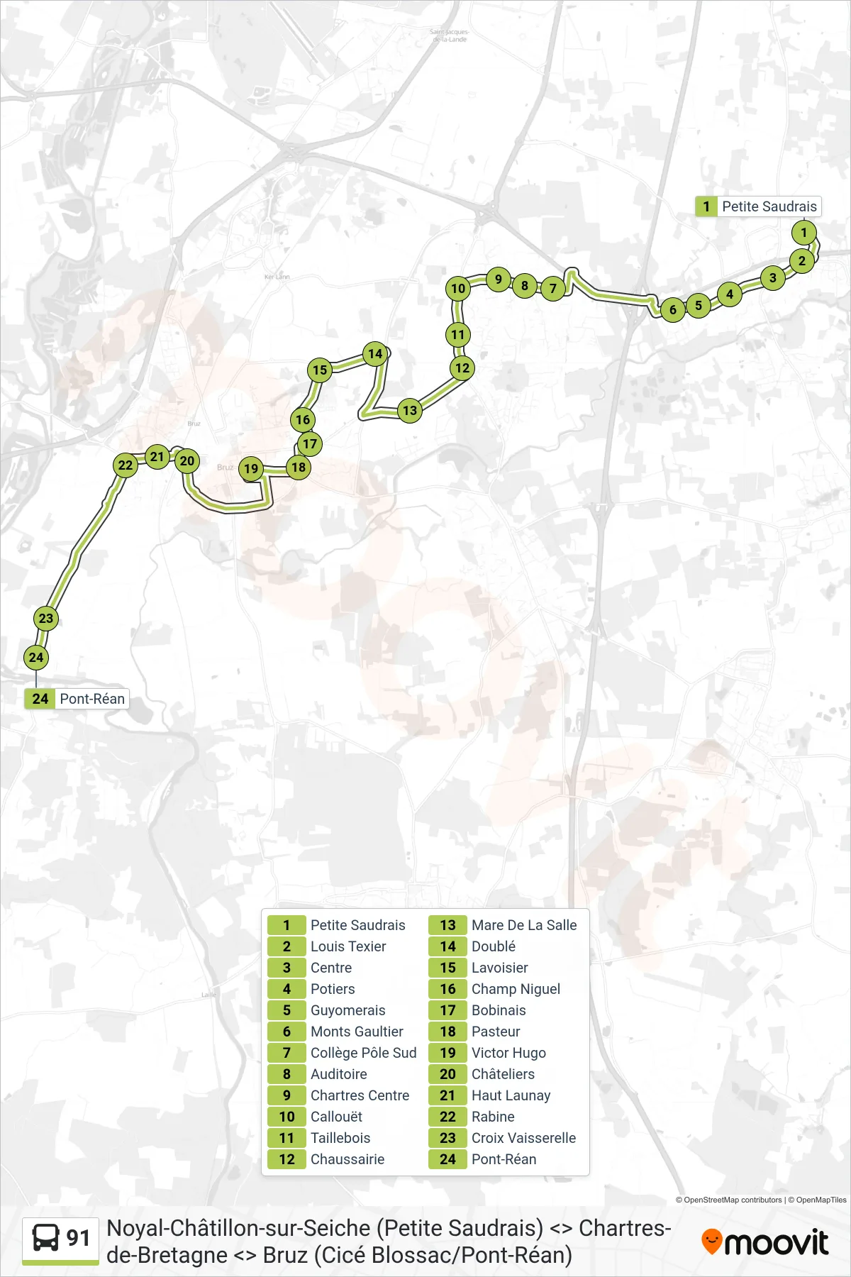 Tracé et arrêts de la ligne 91 de bus (Bruz Pont-Réan) sur une carte