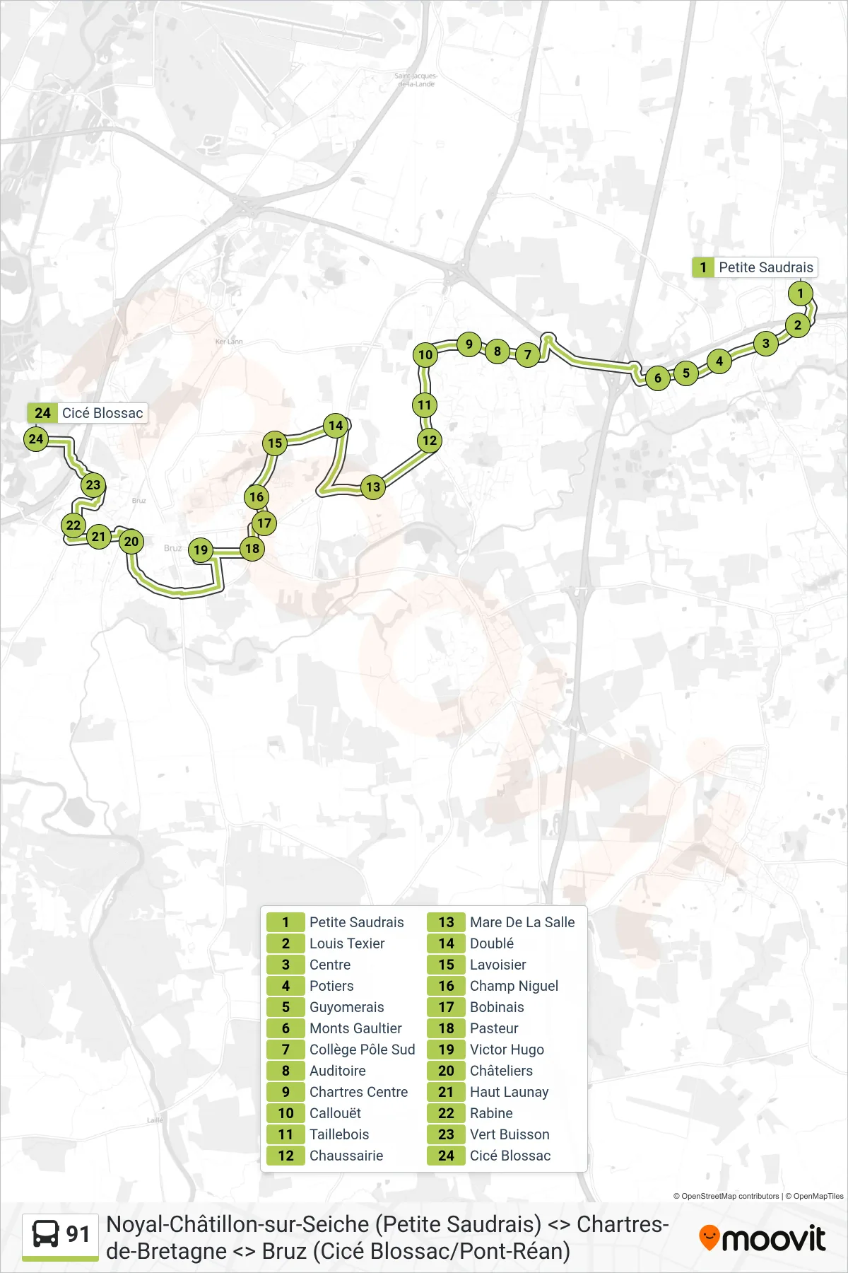 Tracé et arrêts de la ligne 91 de bus (Bruz Cicé Blossac) sur une carte