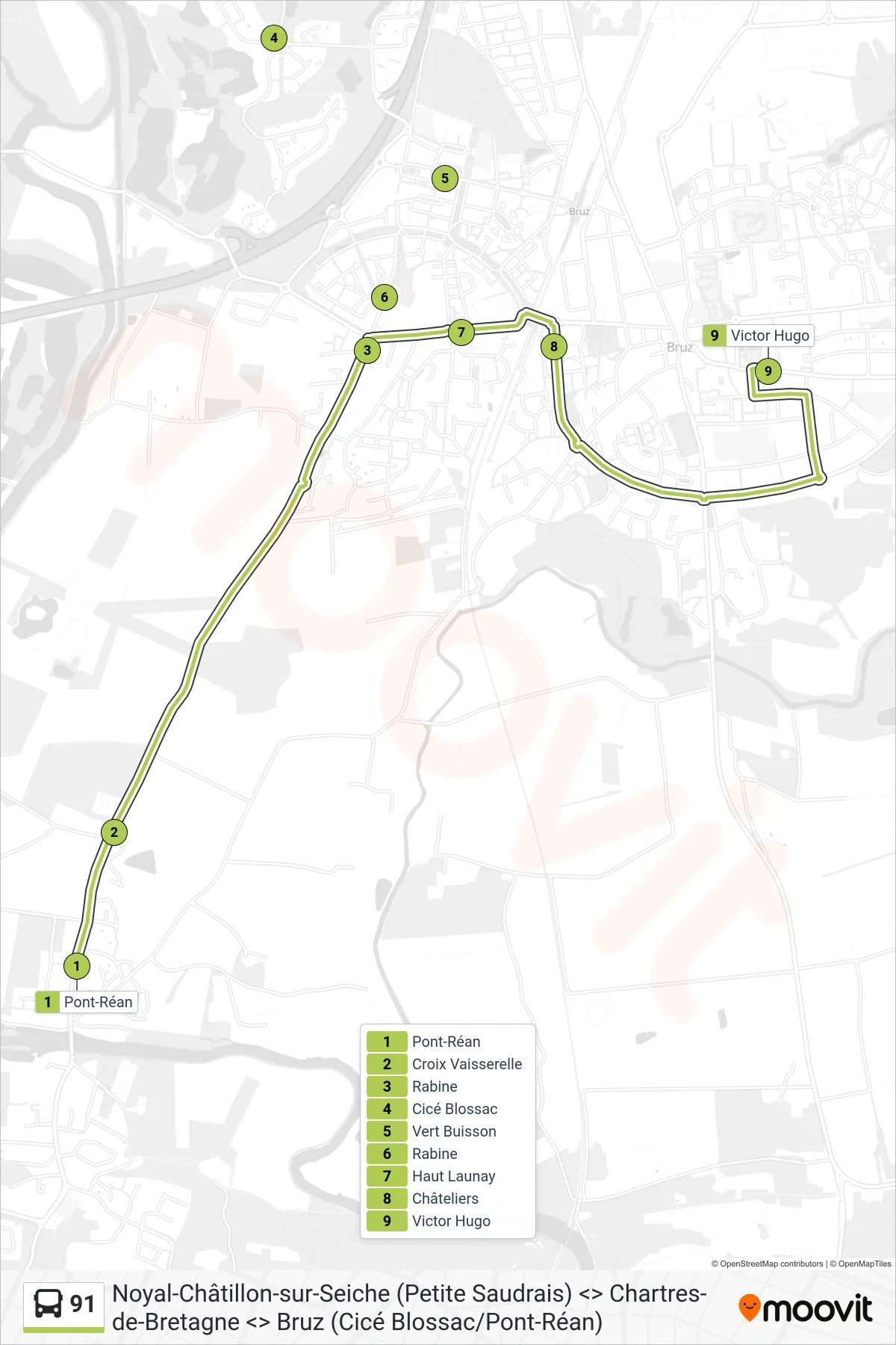 Tracé et arrêts de la ligne 91 de bus (Bruz Centre) sur une carte
