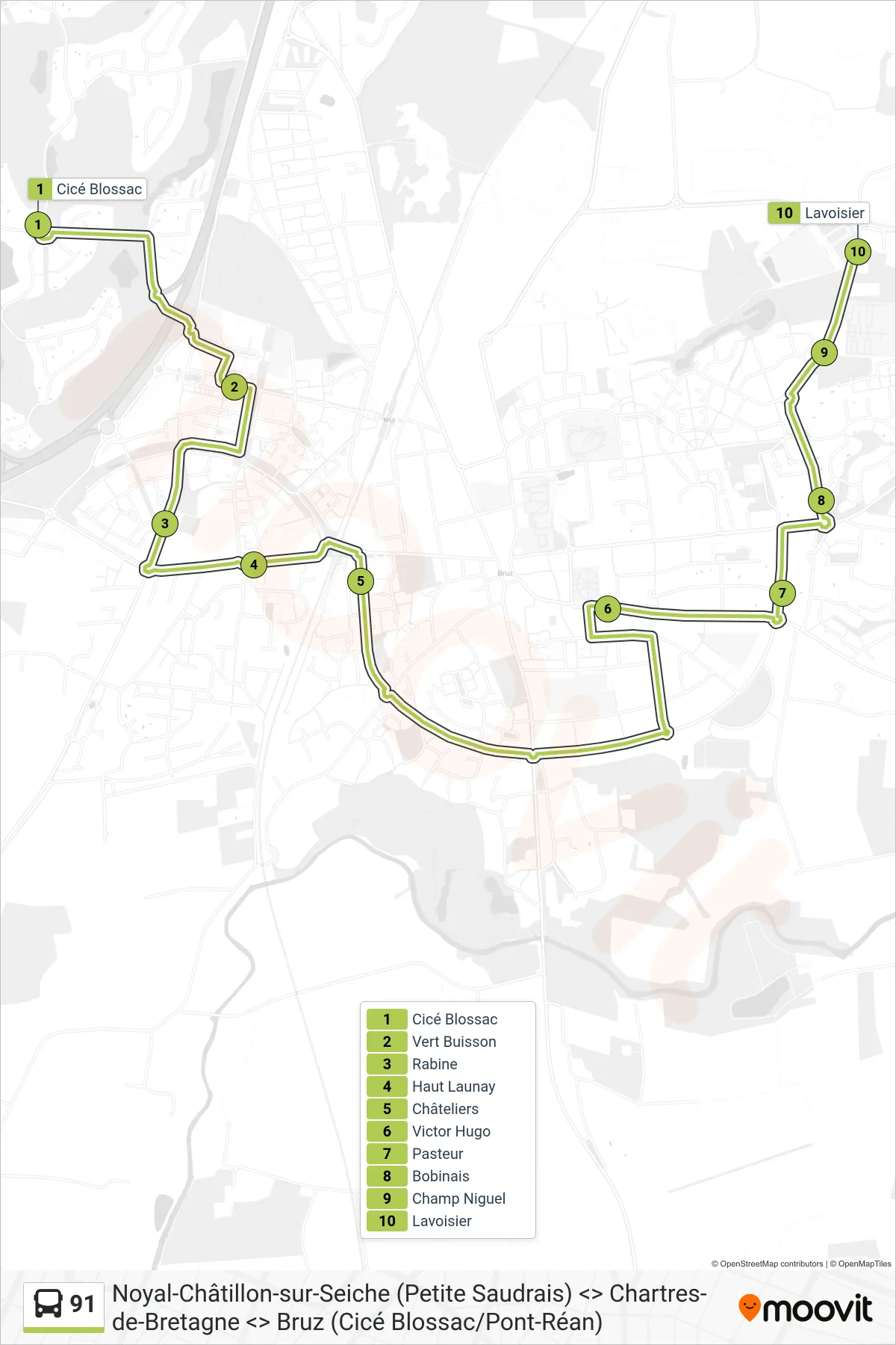 Tracé et arrêts de la ligne 91 de bus (Bruz Lavoisier) sur une carte