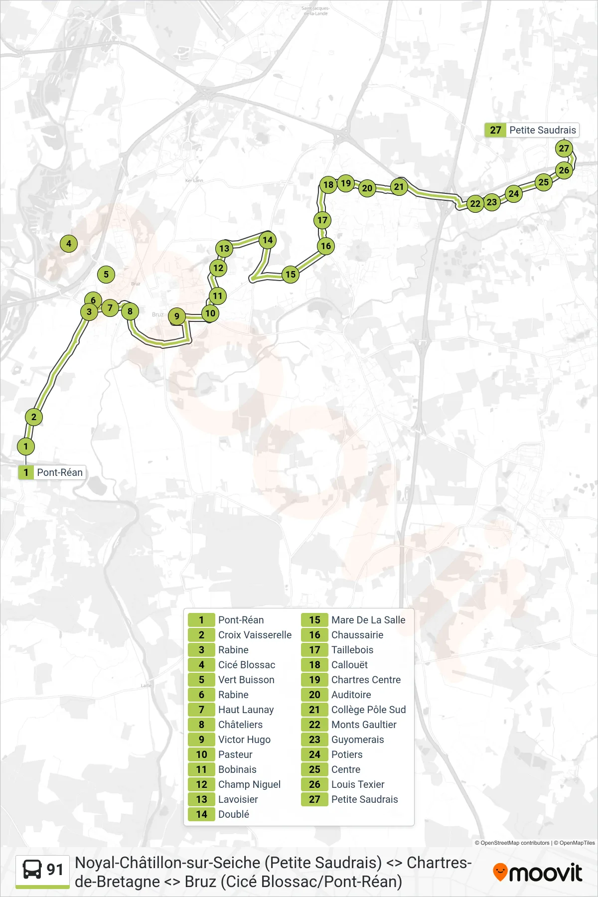 Tracé et arrêts de la ligne 91 de bus (Noyal-Châtillon-Sur-Seiche) sur une carte
