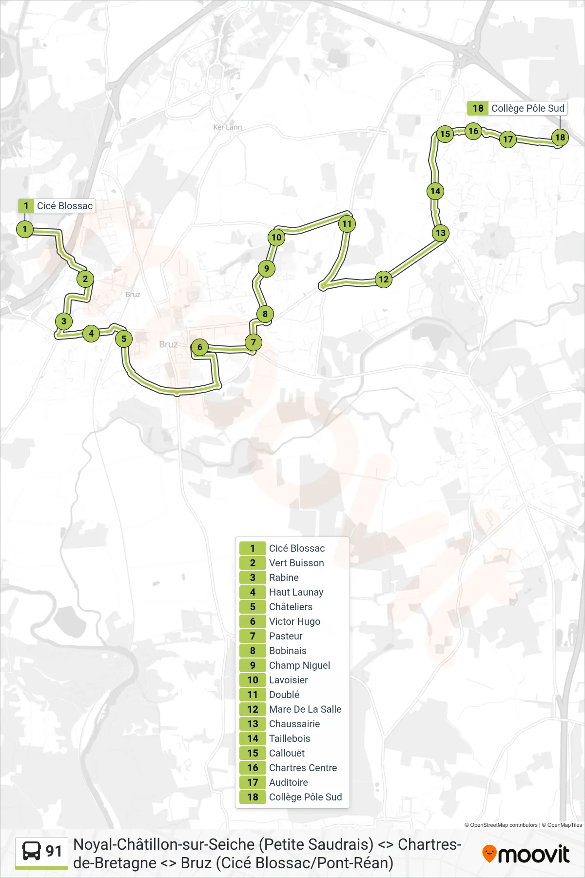 Tracé et arrêts de la ligne 91 de bus (Chartres Collège) sur une carte