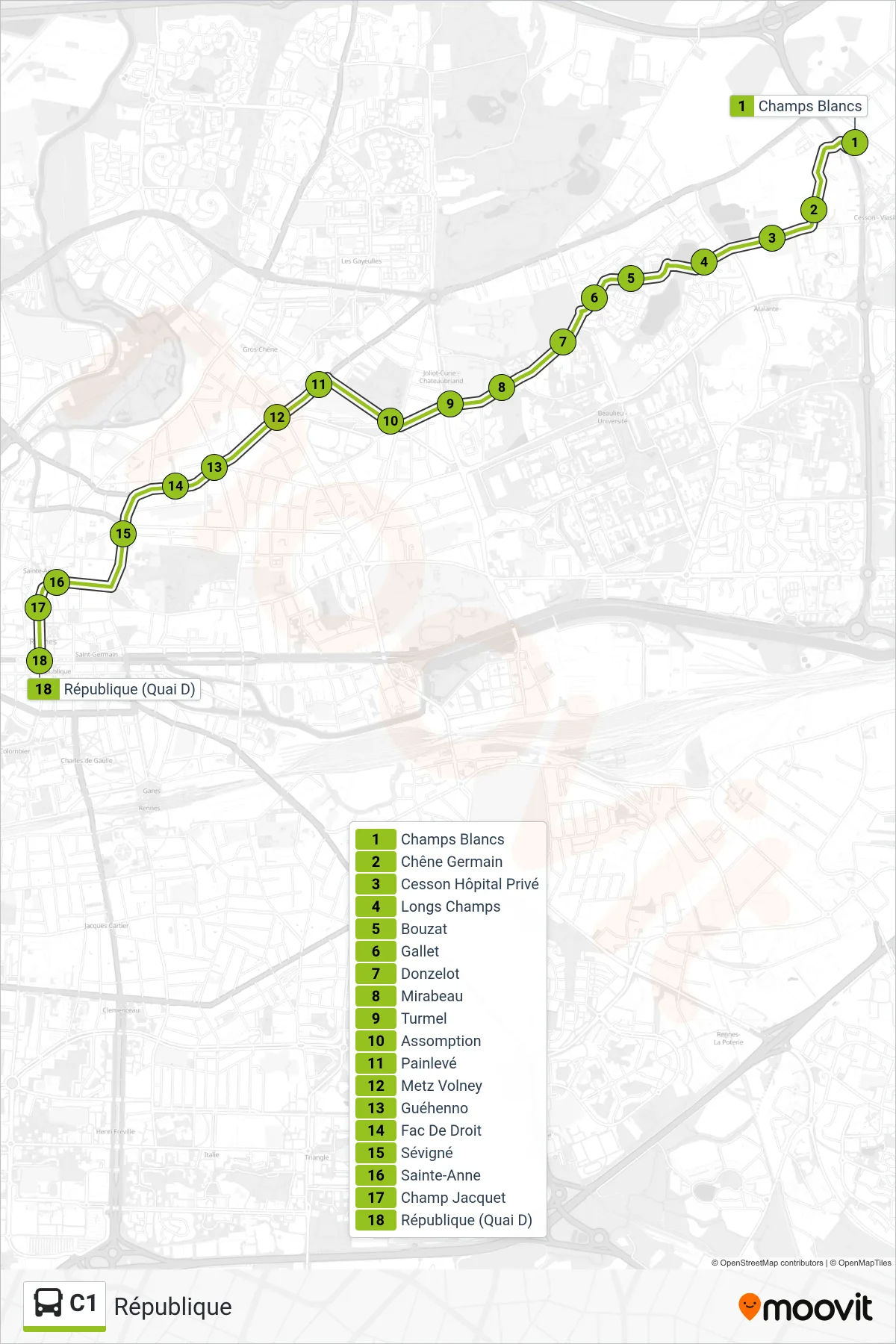 Tracé et arrêts de la ligne C1 de bus (République) sur une carte