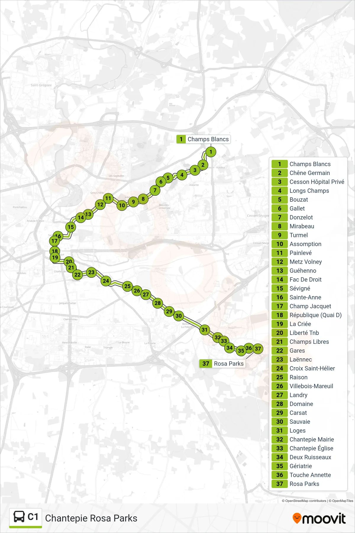 Tracé et arrêts de la ligne C1 de bus (Chantepie Rosa Parks) sur une carte
