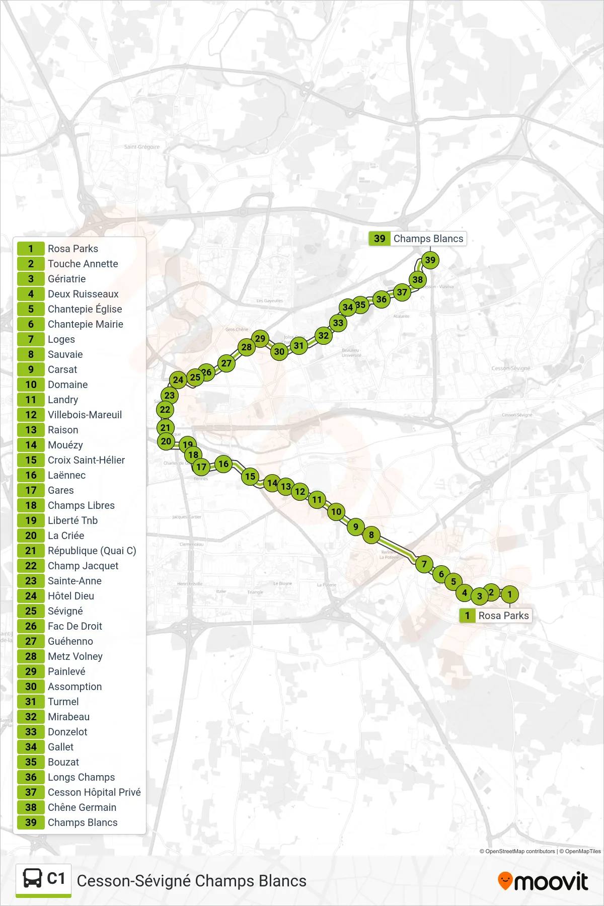 Tracé et arrêts de la ligne C1 de bus (Cesson-Sévigné Champs Blancs) sur une carte