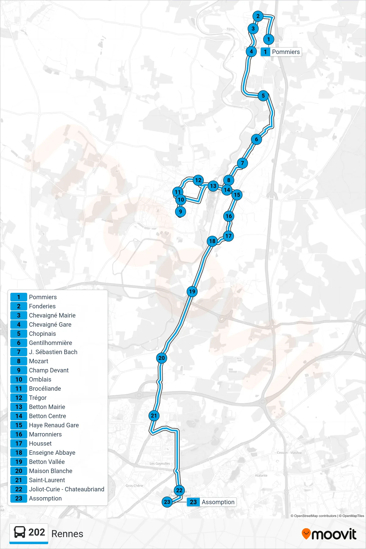 Tracé et arrêts de la ligne 202 de bus (Rennes) sur une carte