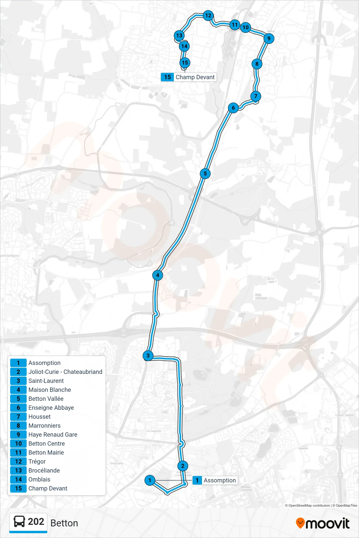 Tracé et arrêts de la ligne 202 de bus (Betton) sur une carte