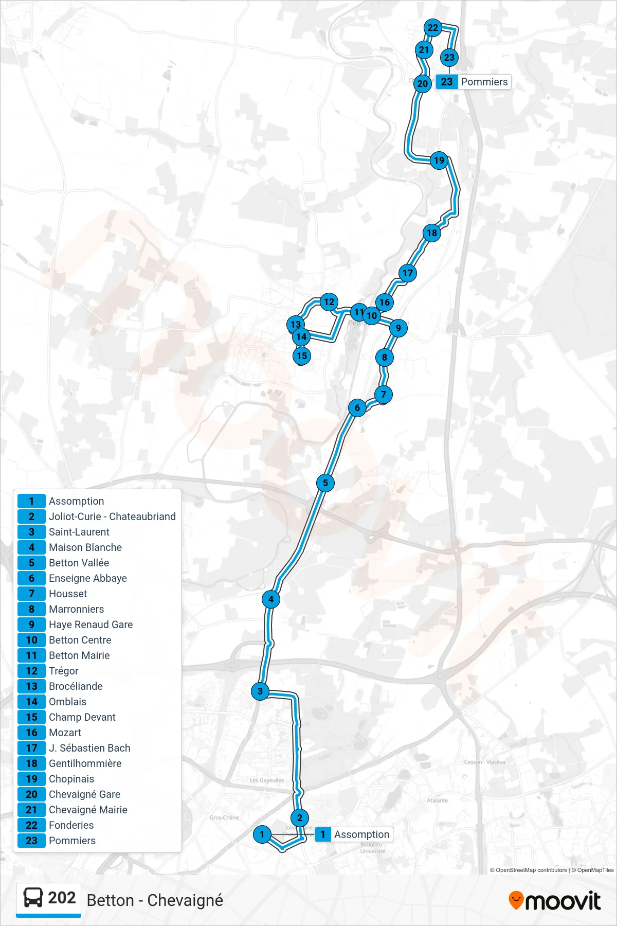 Tracé et arrêts de la ligne 202 de bus (Betton - Chevaigné) sur une carte