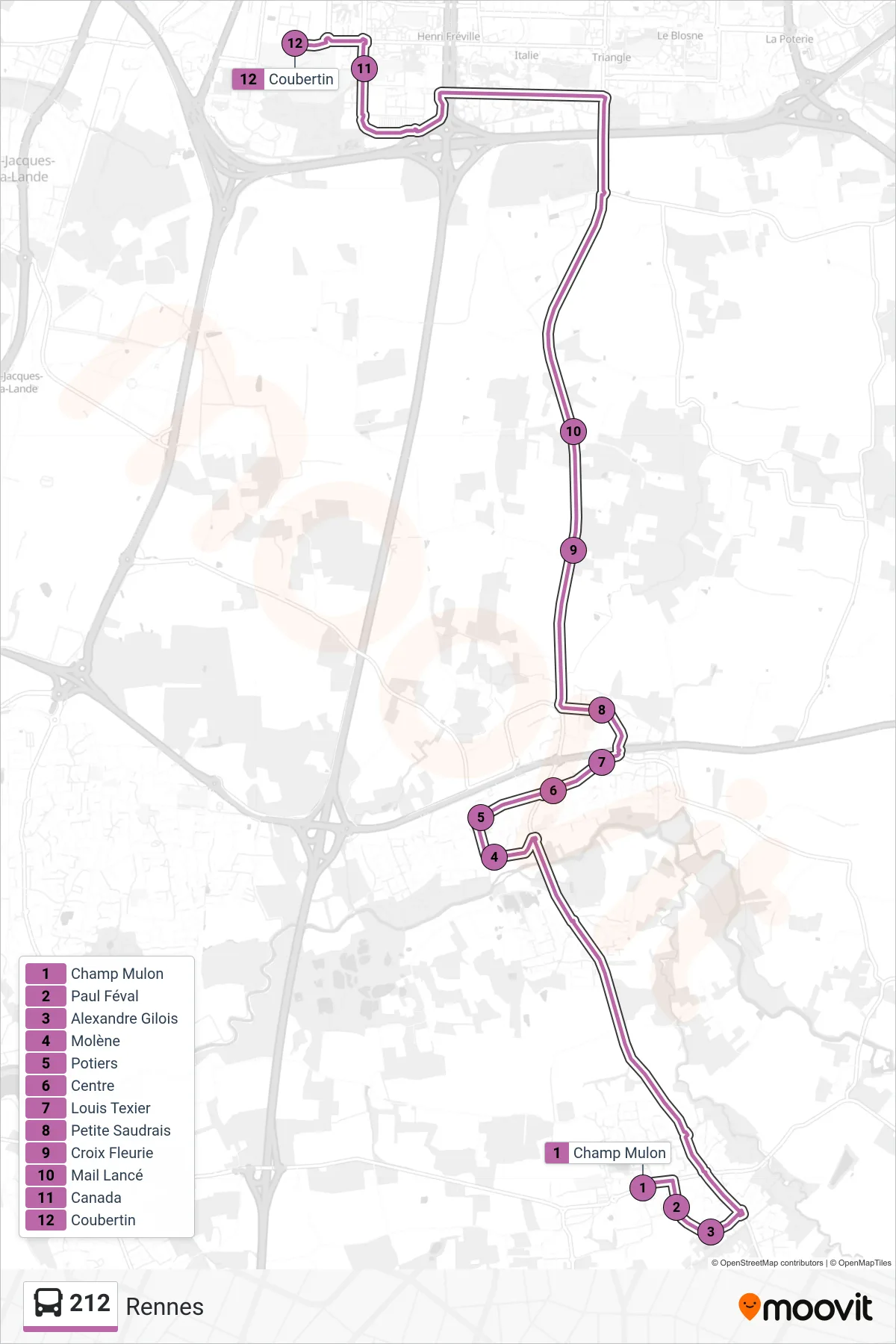 Tracé et arrêts de la ligne 212 de bus (Rennes) sur une carte