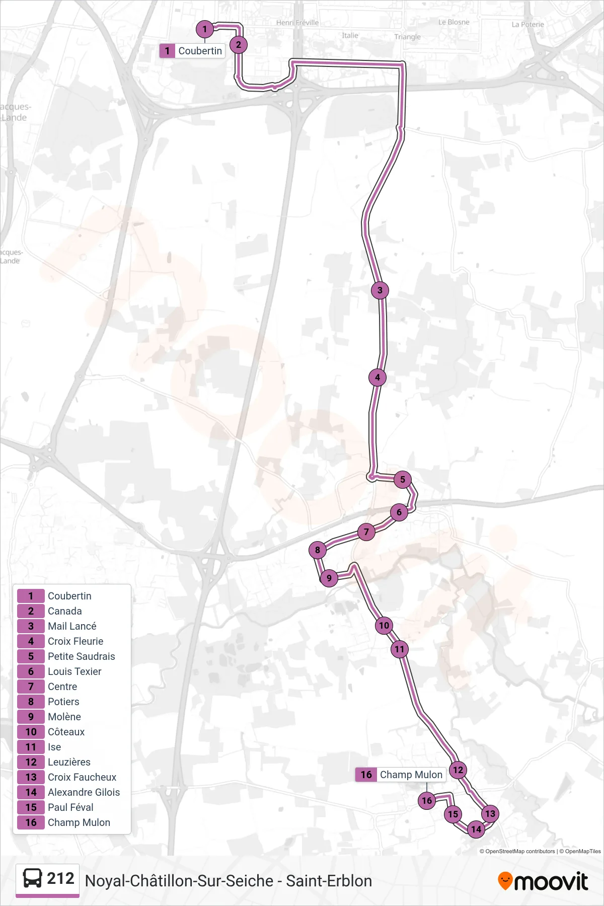 Tracé et arrêts de la ligne 212 de bus (Noyal-Châtillon-Sur-Seiche - Saint-Erblon) sur une carte