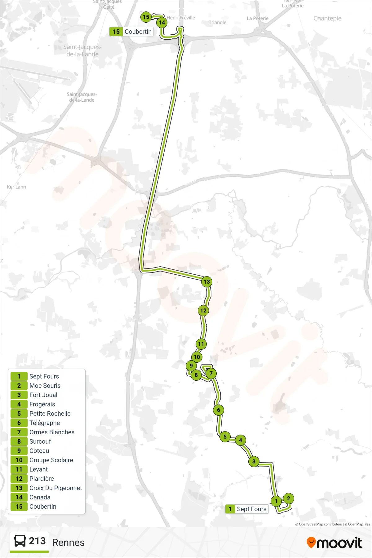 Tracé et arrêts de la ligne 213 de bus (Rennes) sur une carte