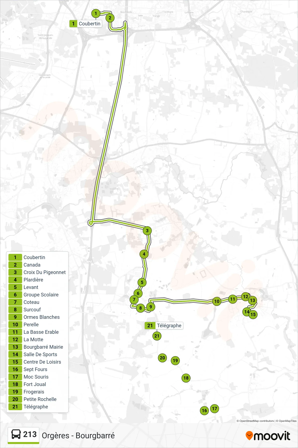 213 bus Line (Orgères - Bourgbarré) route and stops on a map