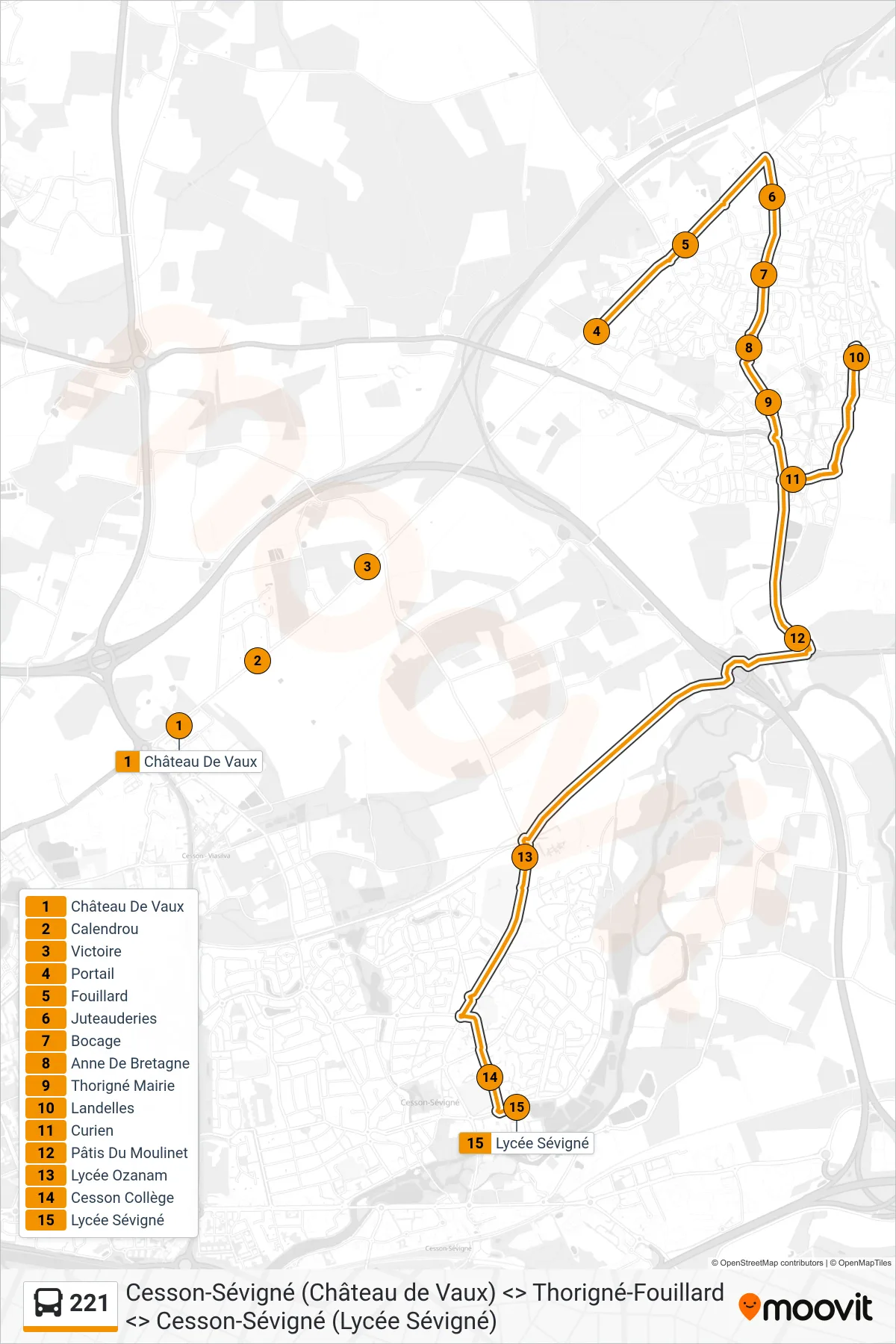 Tracé et arrêts de la ligne 221 de bus (Cesson-Sévigné) sur une carte
