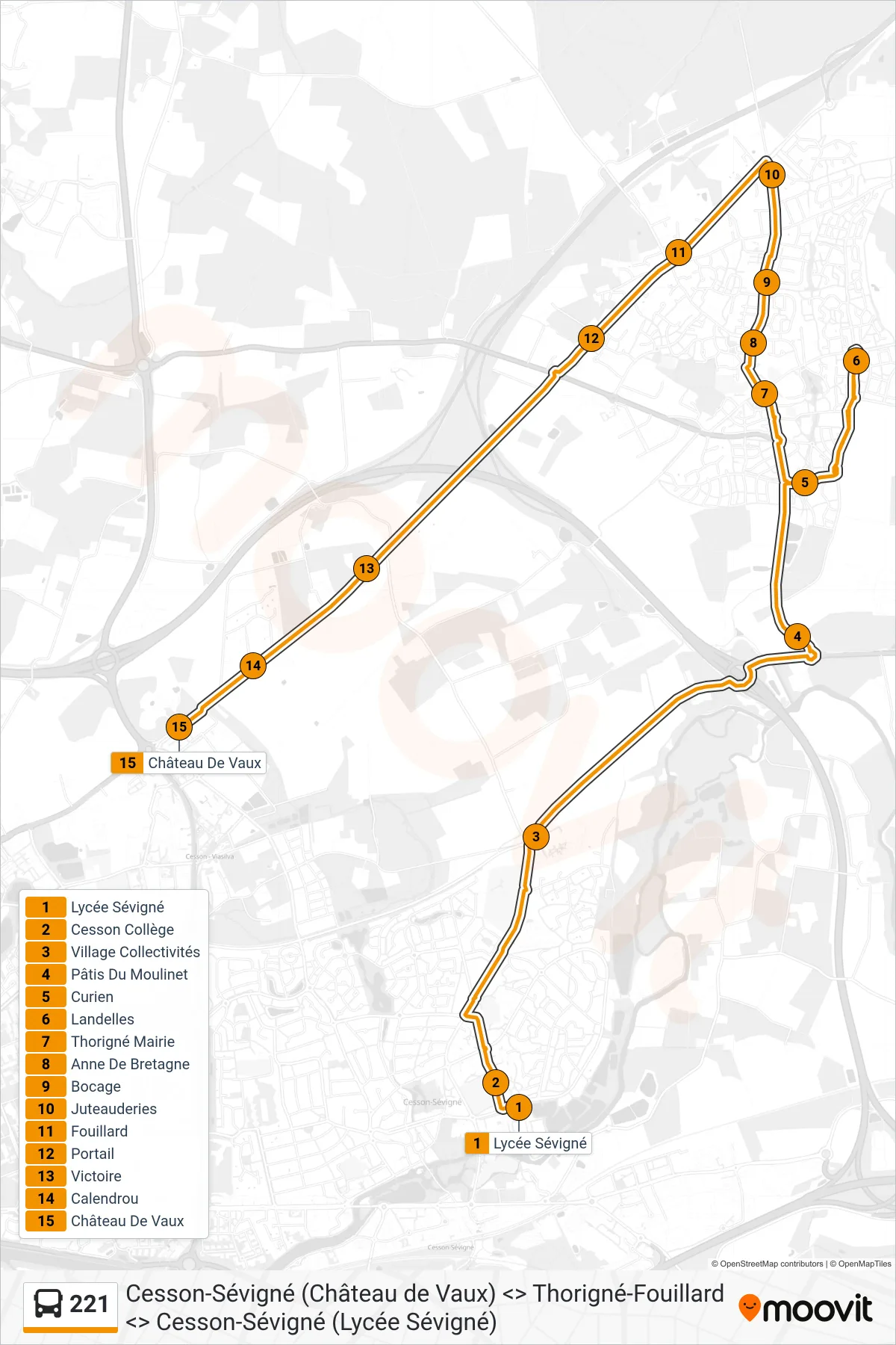 Recorrido y paradas de la línea 221 de autobús (Cesson-Sévigné) en el mapa