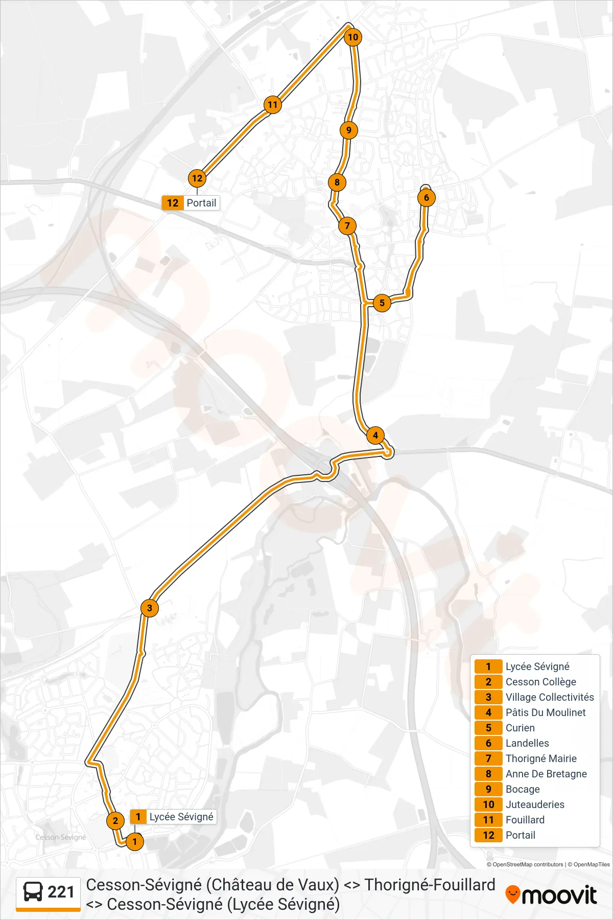 Tracé et arrêts de la ligne 221 de bus (Thorigné-Fouillard) sur une carte