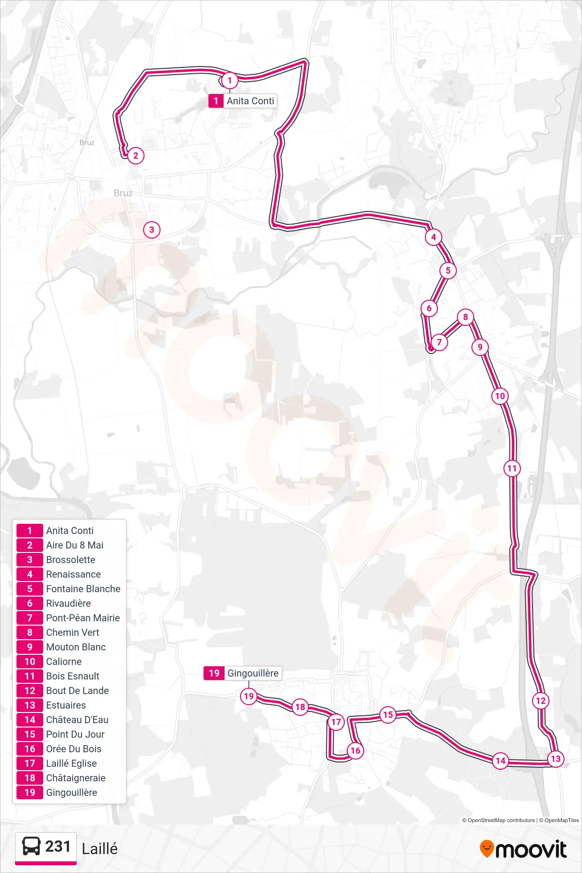 Tracé et arrêts de la ligne 231 de bus (Laillé) sur une carte