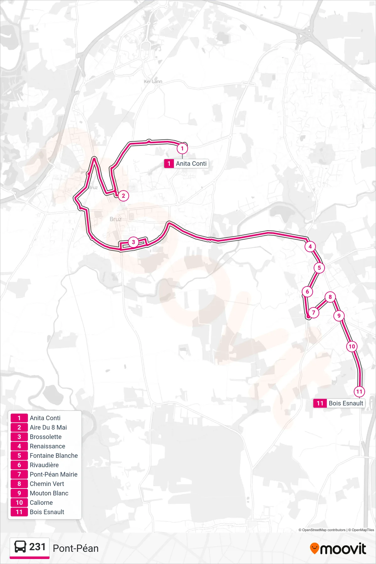 Tracé et arrêts de la ligne 231 de bus (Pont-Péan) sur une carte