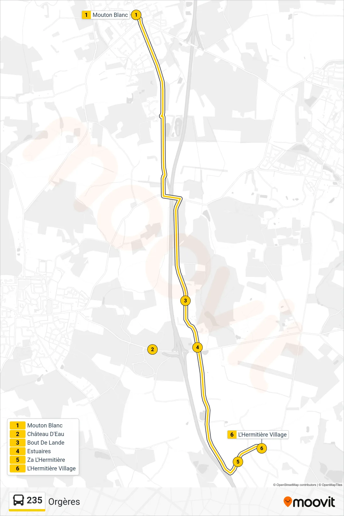 Tracé et arrêts de la ligne 235 de bus (Orgères) sur une carte