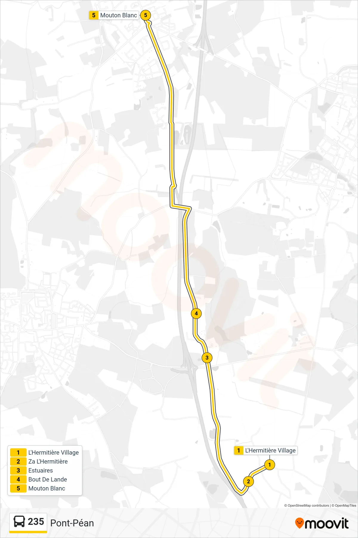 Tracé et arrêts de la ligne 235 de bus (Pont-Péan) sur une carte
