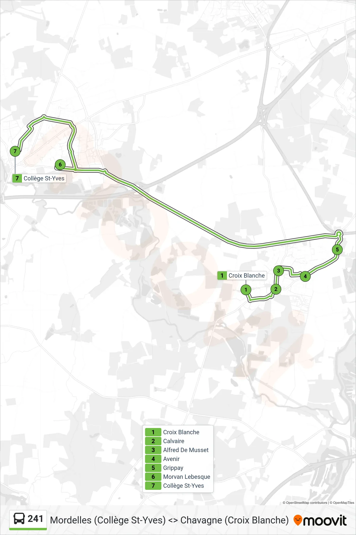 Tracé et arrêts de la ligne 241 de bus (Mordelles) sur une carte