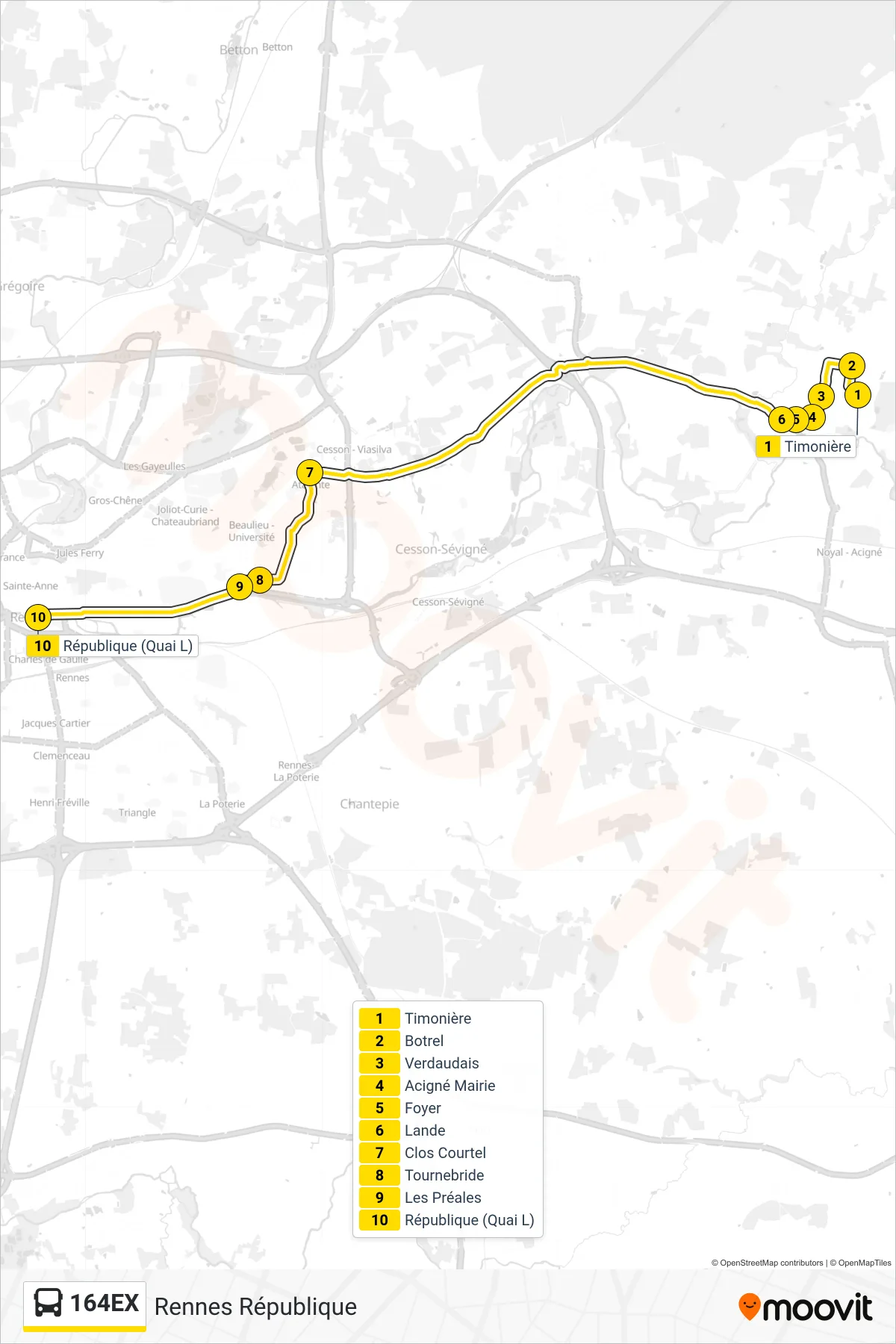 Tracé et arrêts de la ligne 164EX de bus (Rennes République) sur une carte