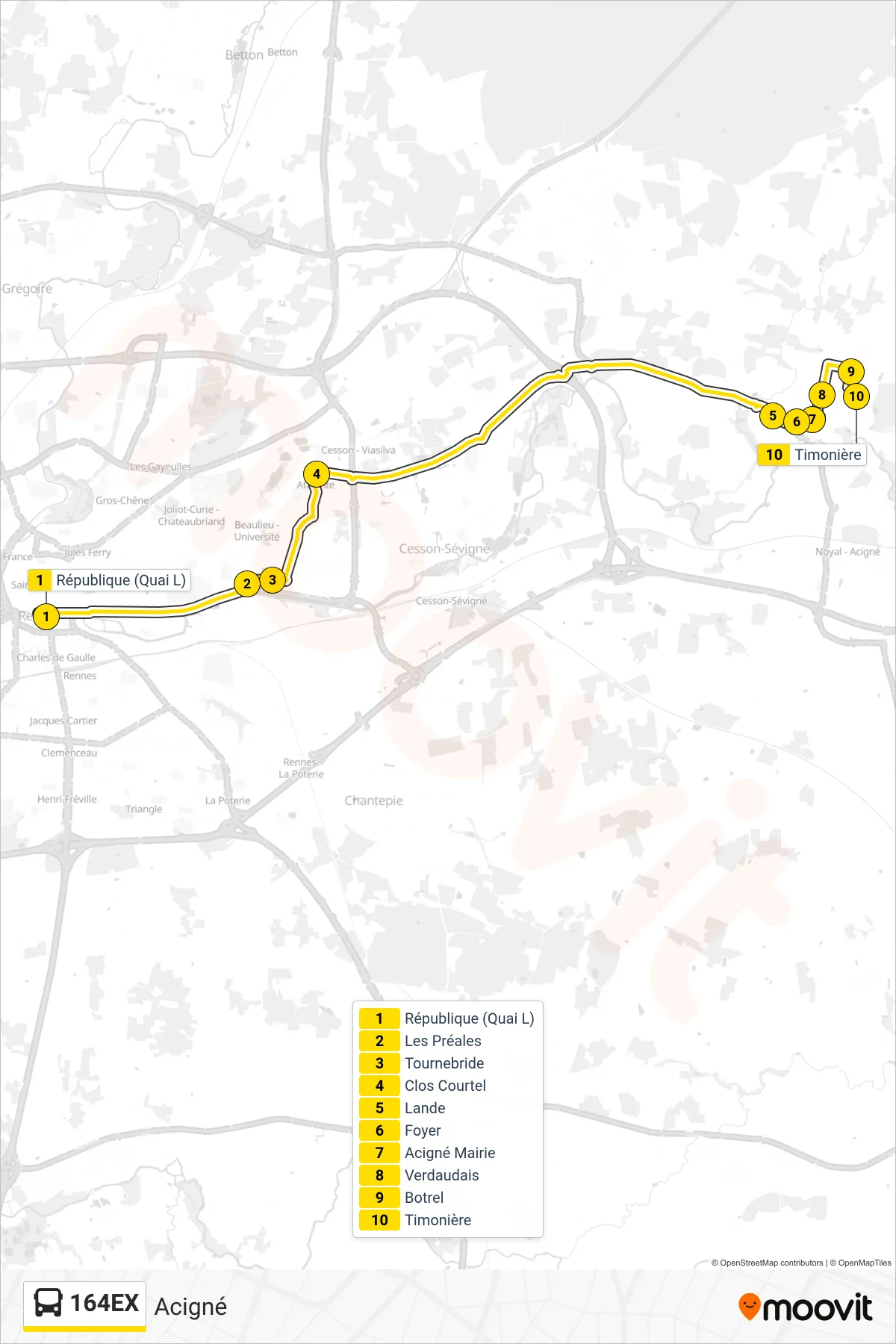 164EX bus Line (Acigné) route and stops on a map