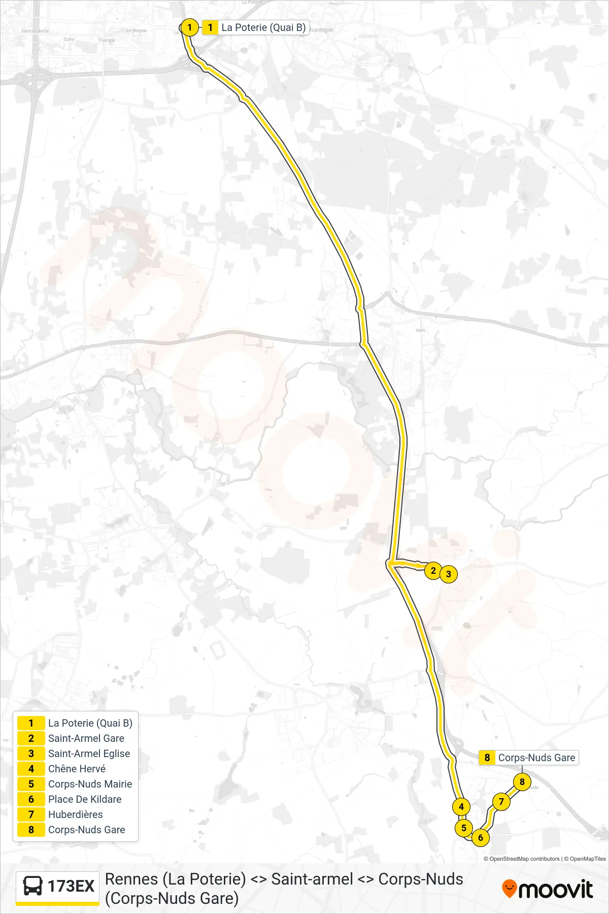 Recorrido y paradas de la línea 173EX de autobús (Saint-Armel Corps-Nuds) en el mapa