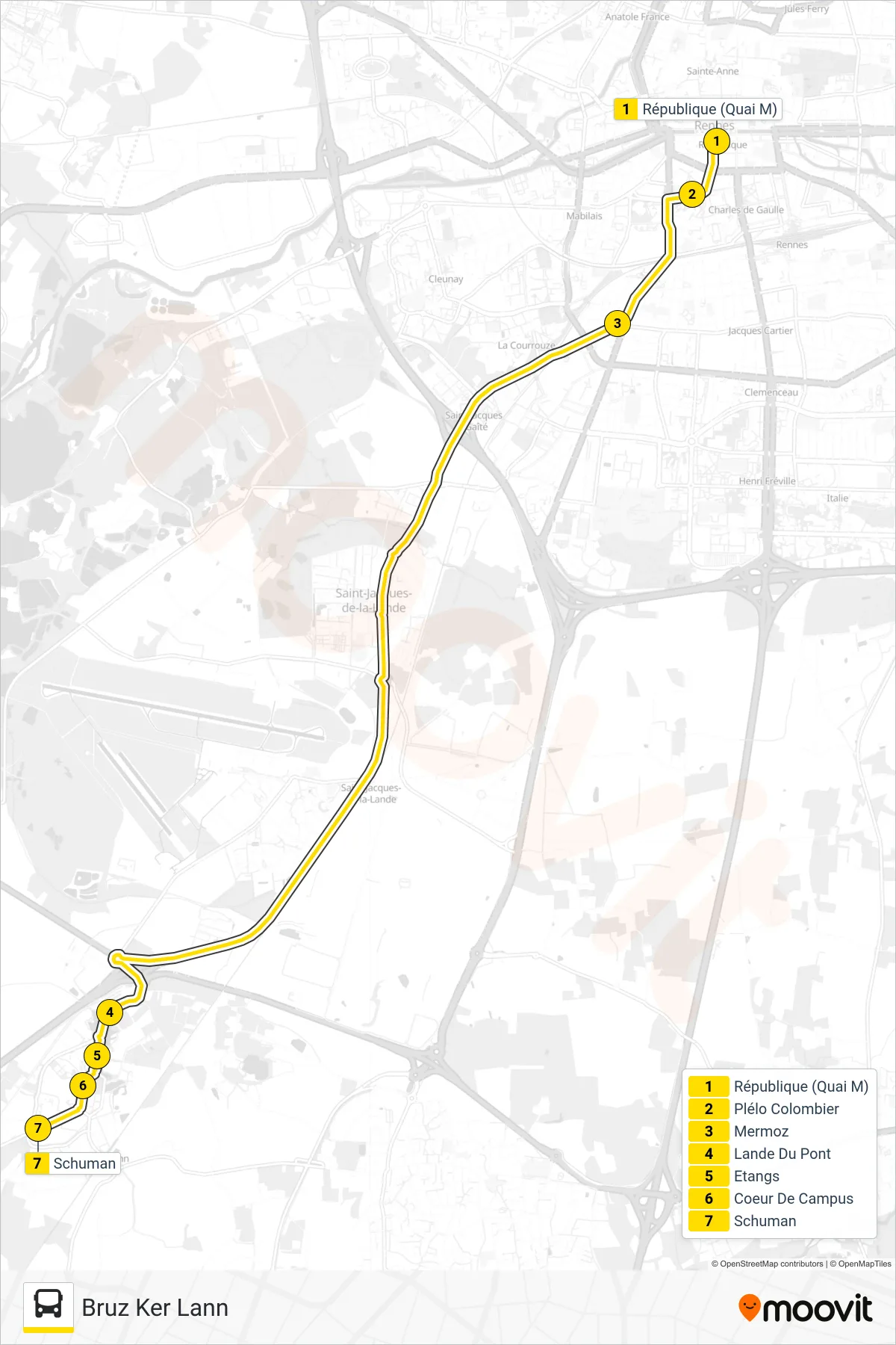 Tracé et arrêts de la ligne KER-LANNEX de bus (Bruz Ker Lann) sur une carte
