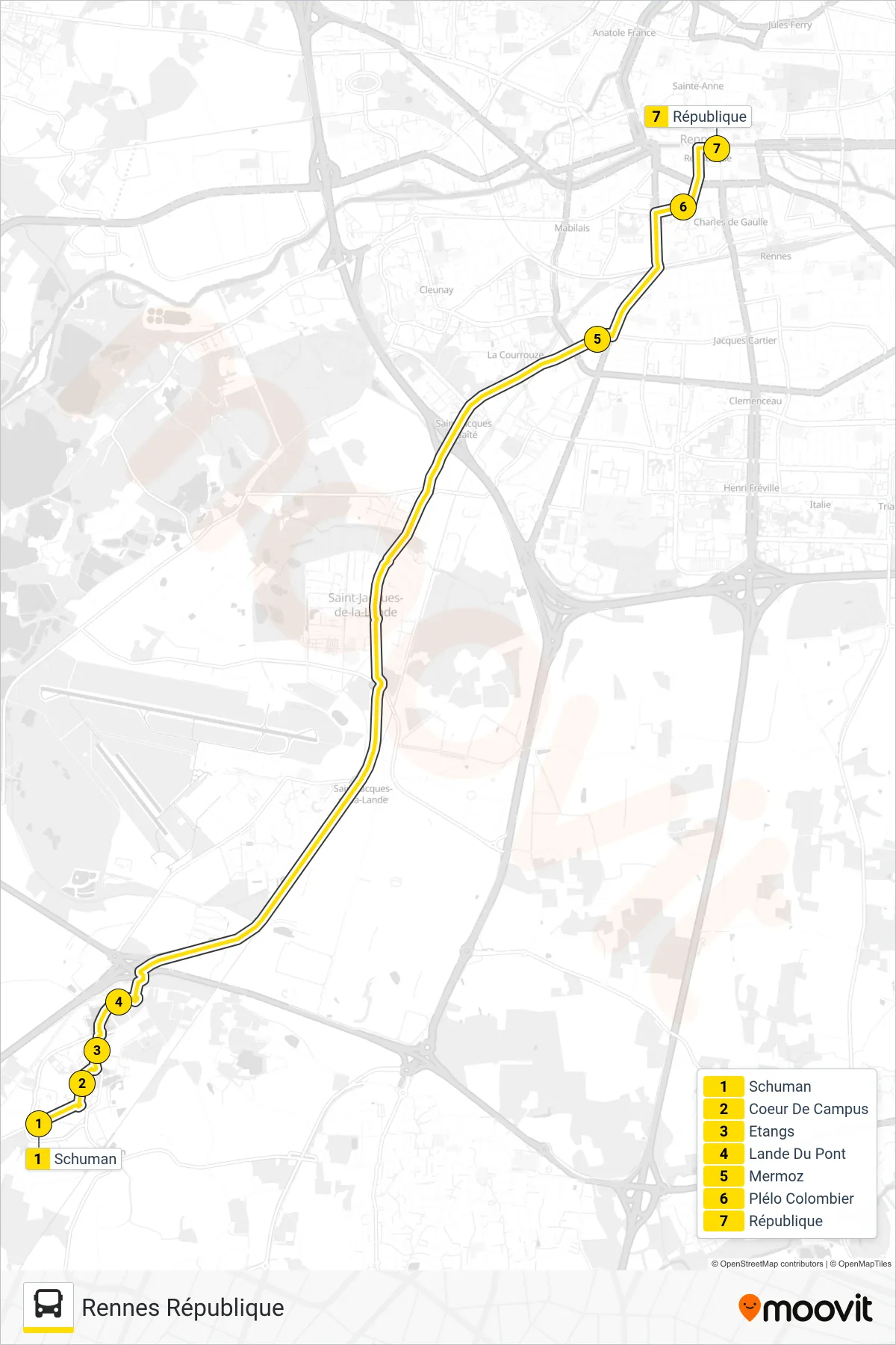 KER-LANNEX bus Line (Rennes République) route and stops on a map